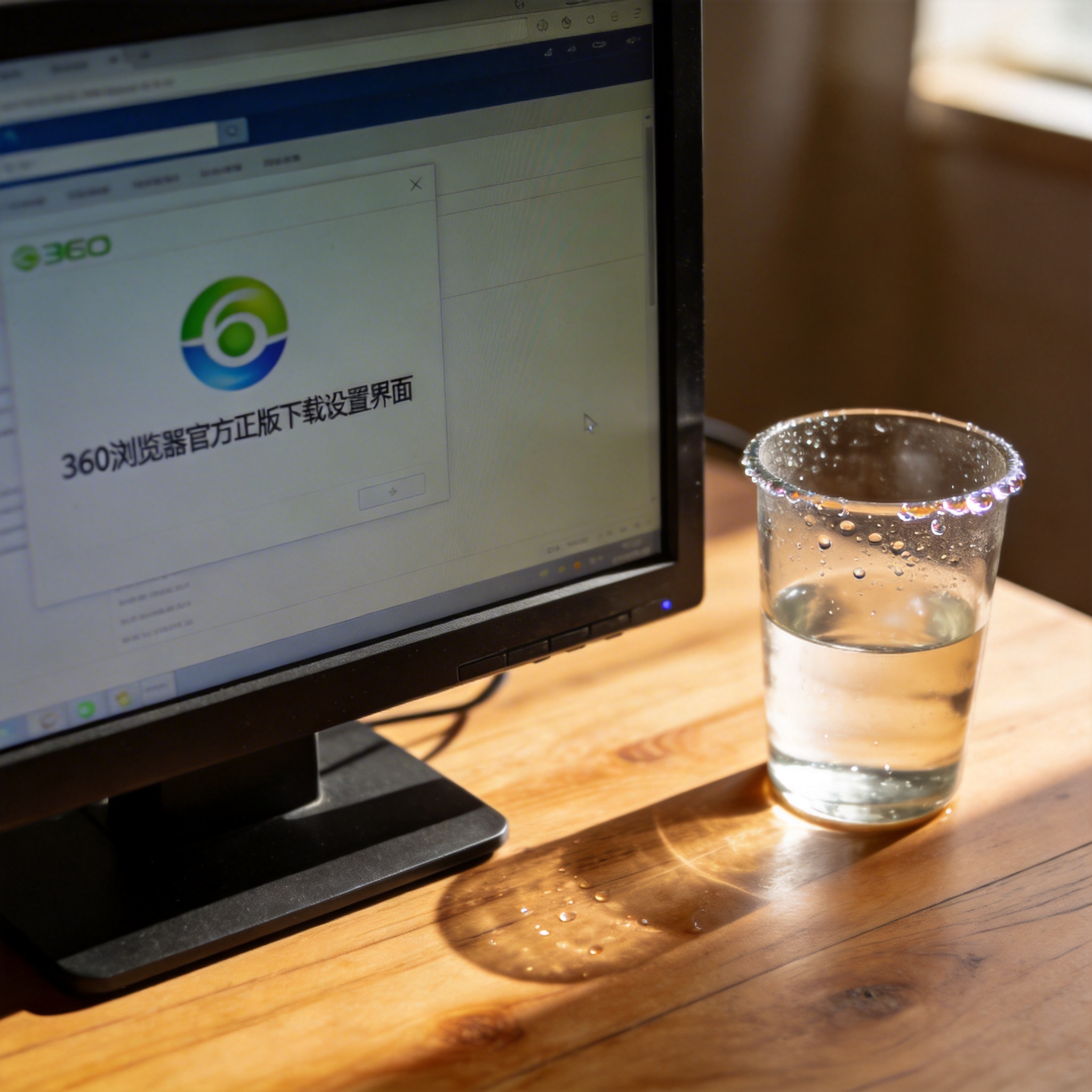 书桌上的主机，屏幕显示360 浏览器官方正版下载设置界面，桌角放着水杯，自然光