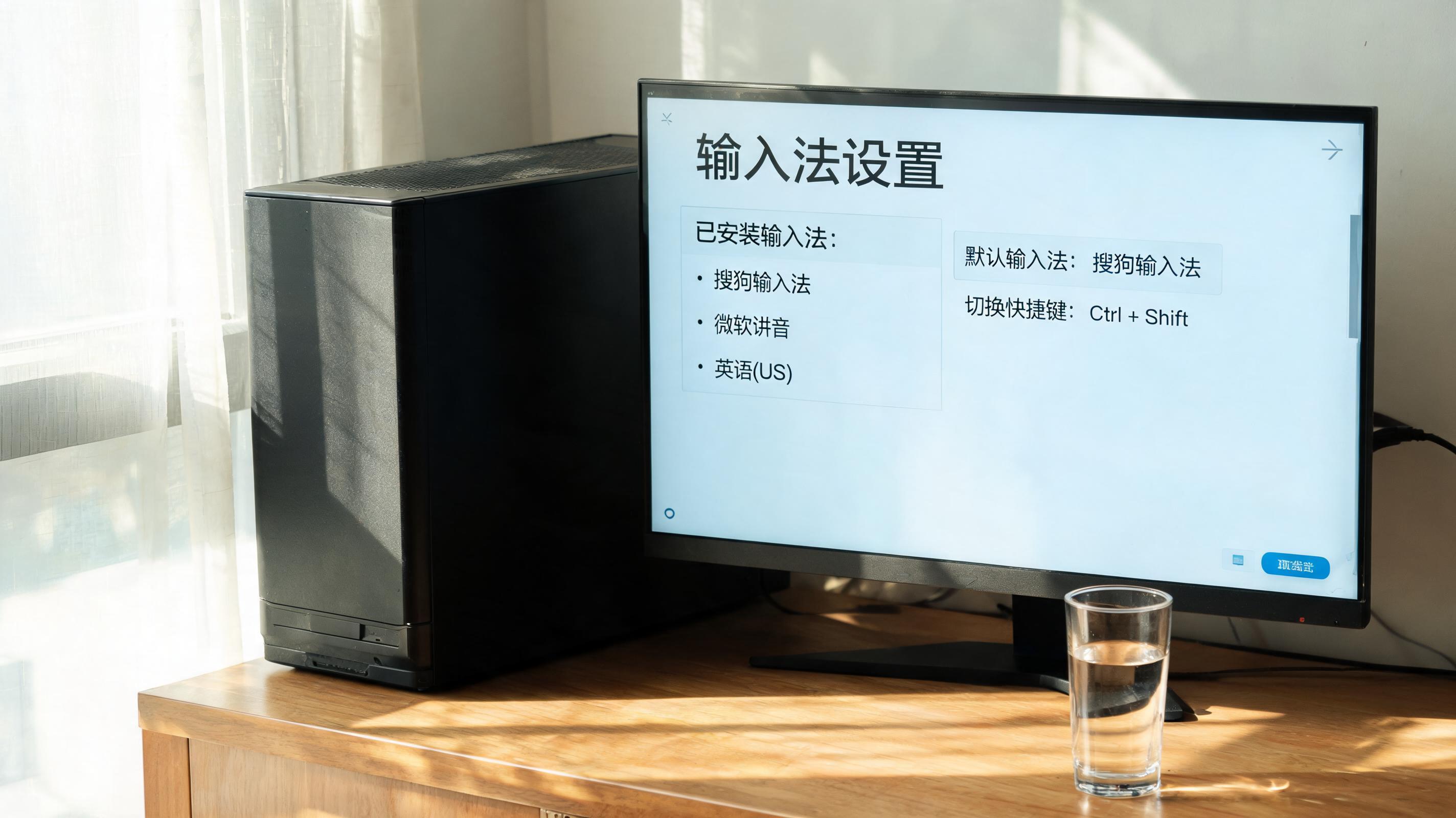 书桌上的主机，屏幕显示输入法设置界面，桌角放着水杯，自然光