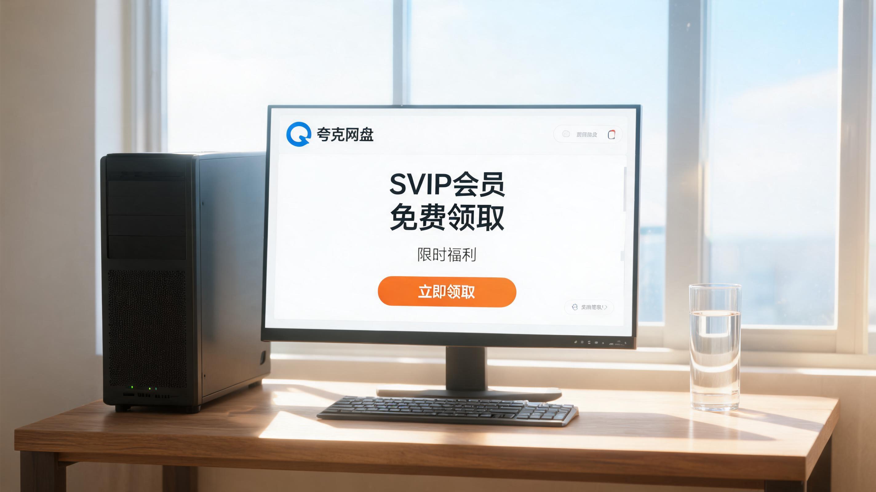 书桌上的主机，屏幕显示夸克网盘 SVIP 会员免费领取设置界面，桌角放着水杯，自然光