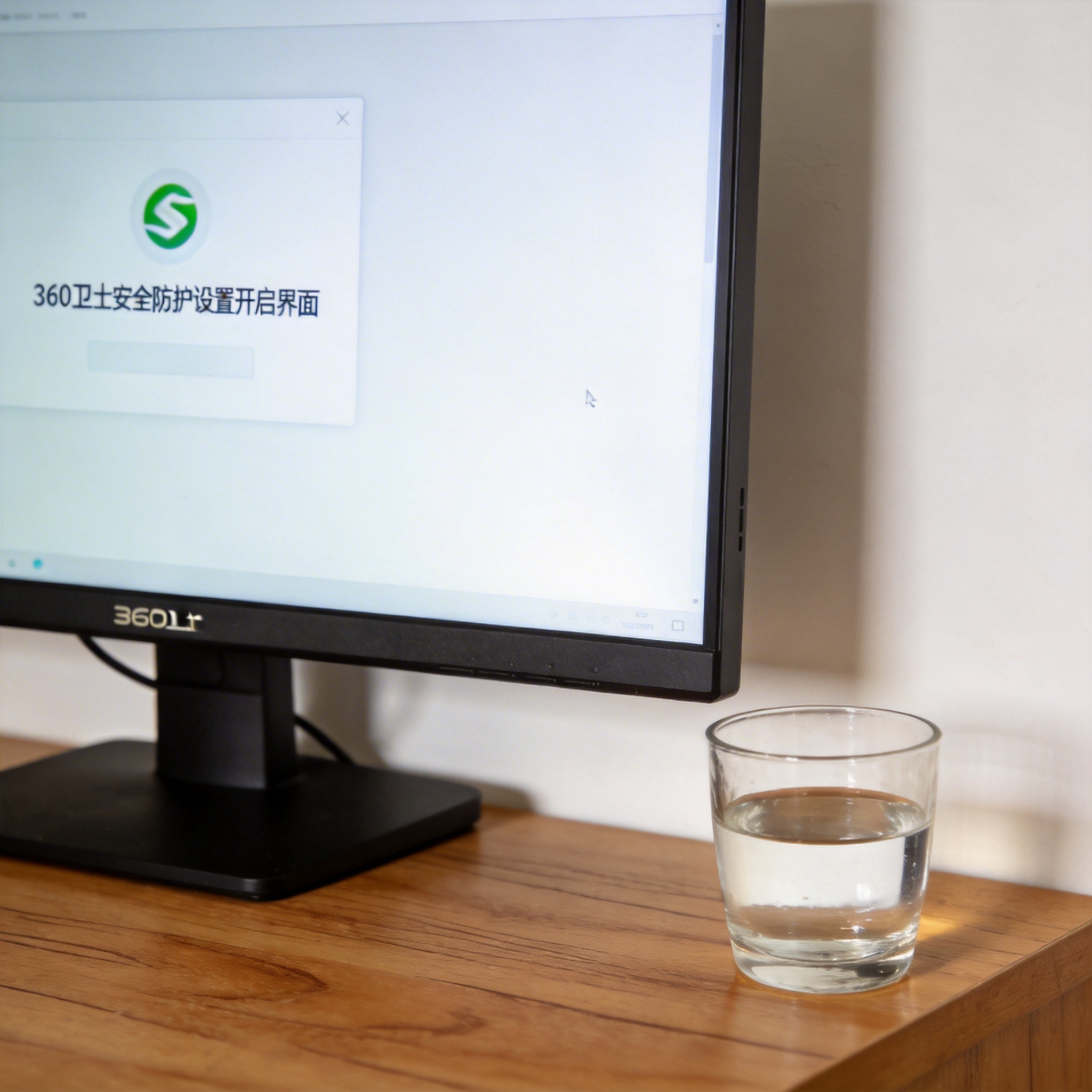 书桌上的主机，屏幕显示360 卫士怎么开启安全防护设置界面，桌角放着水杯，自然光