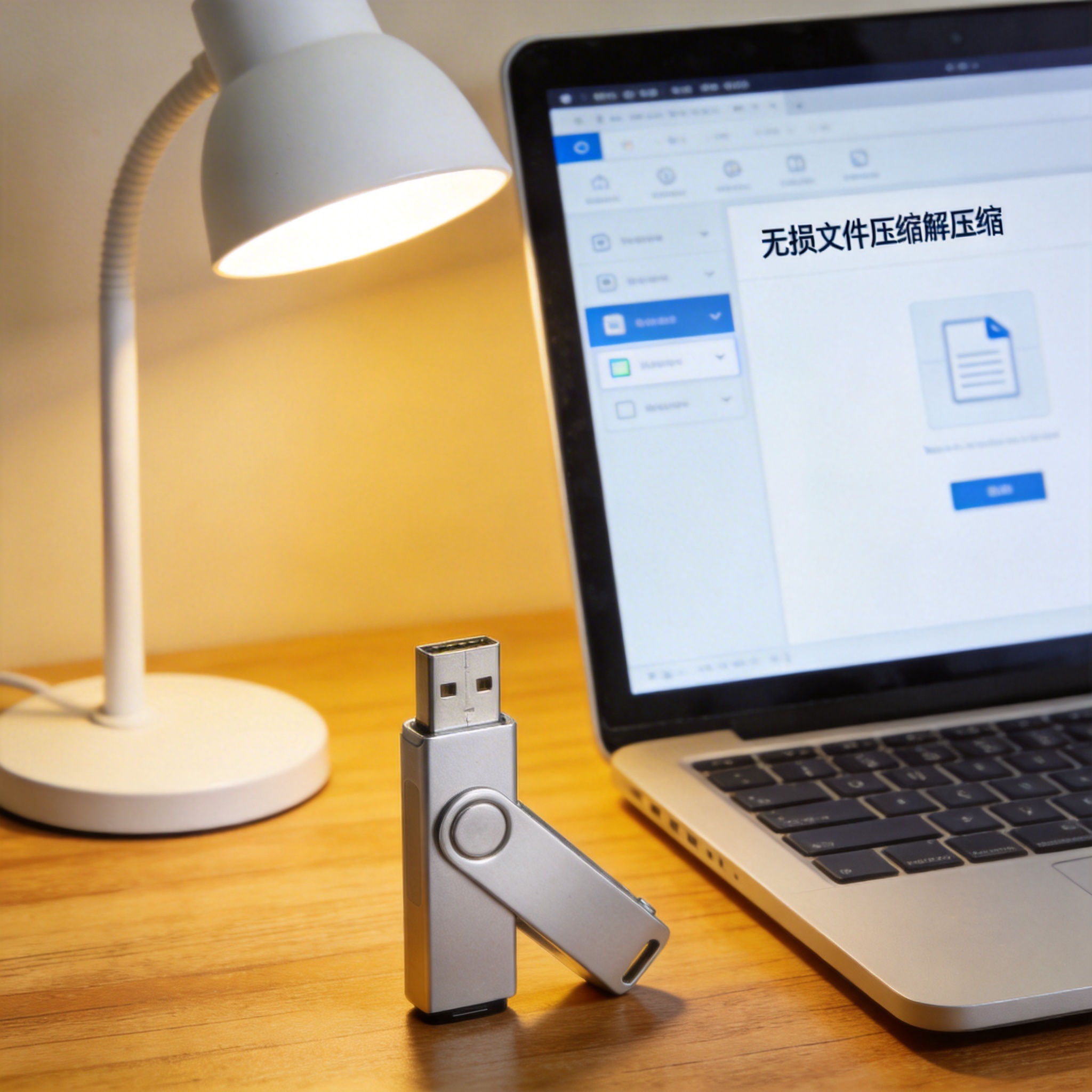 电脑桌上的U盘，屏幕显示无损文件压缩解压缩菜单，旁边放着台灯