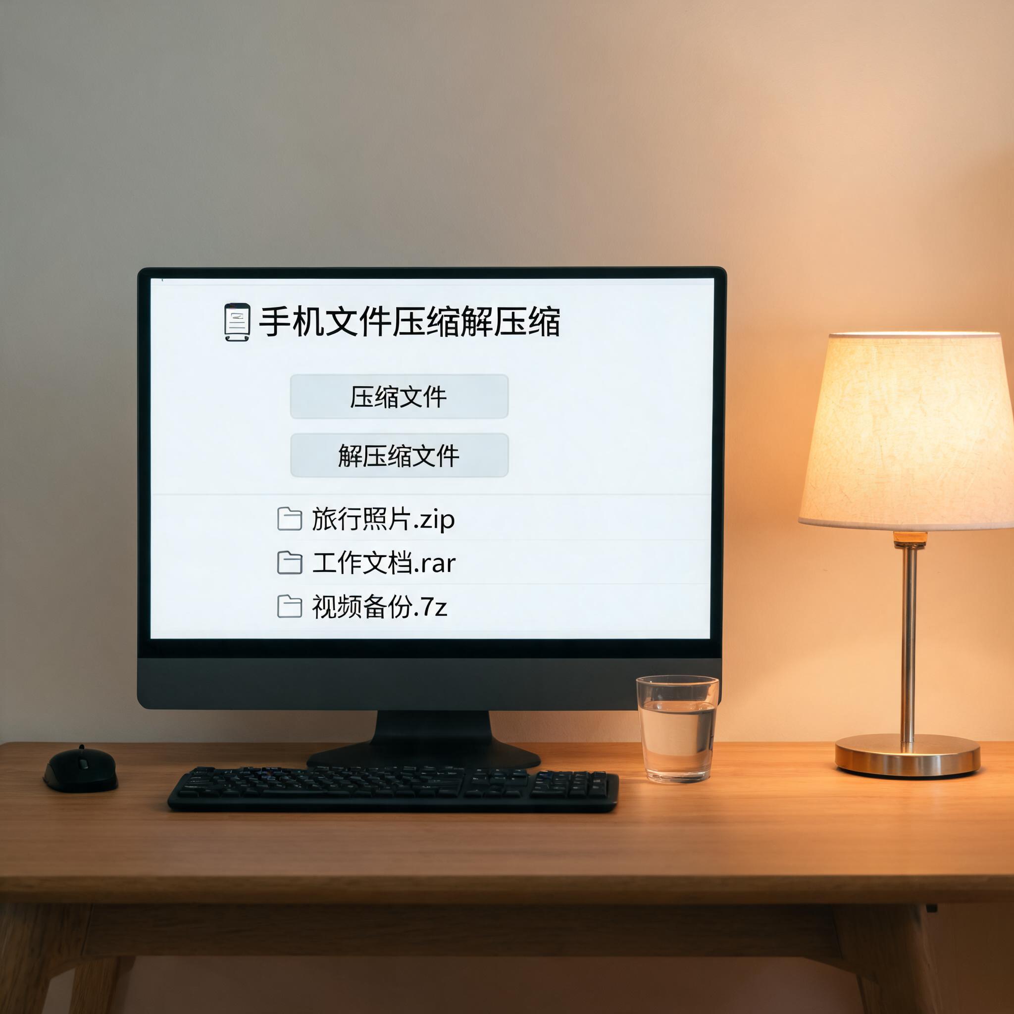 电脑桌上的电脑，屏幕显示手机文件压缩解压缩软件界面，旁边放着台灯