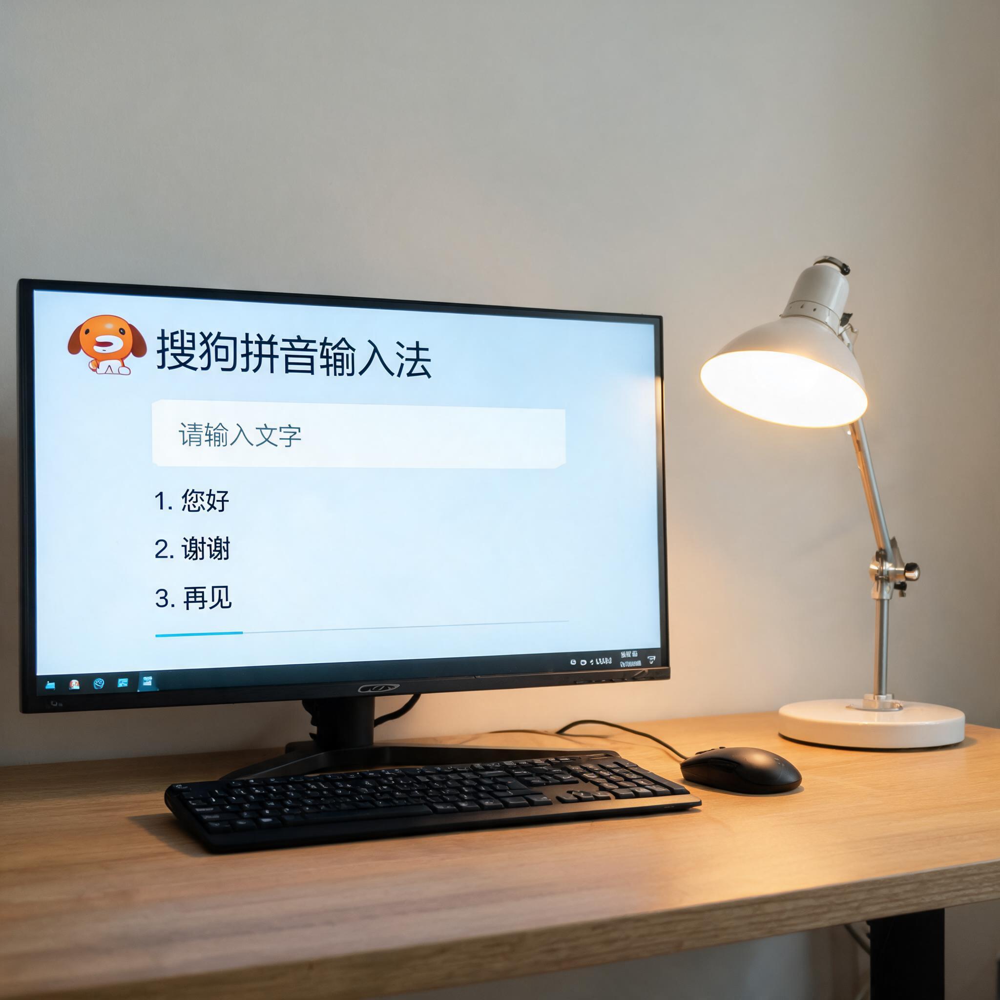 电脑桌上的电脑，屏幕显示搜狗拼音界面，旁边放着台灯