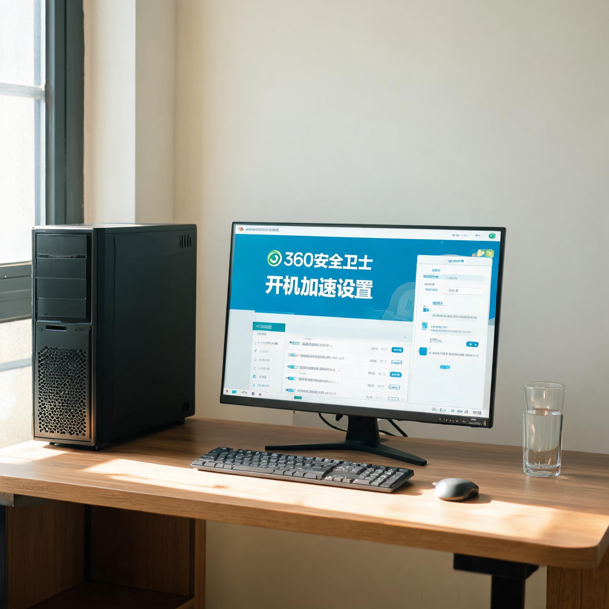 书桌上的主机，屏幕显示360 安全卫士开机加速设置设置界面，桌角放着水杯，自然光