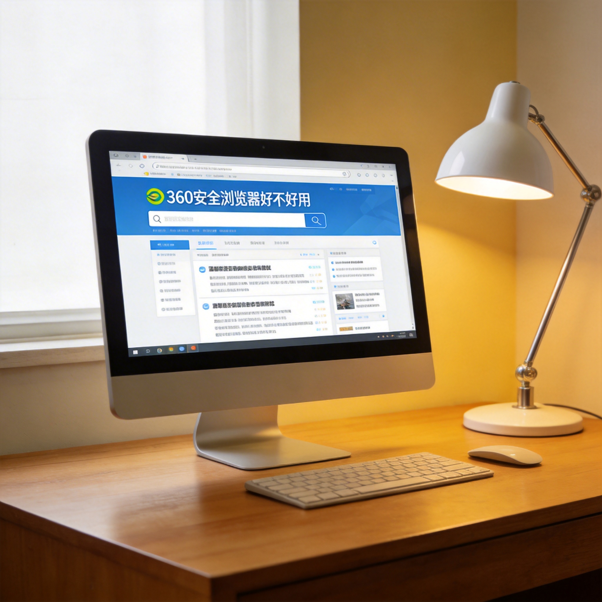 电脑桌上的电脑，屏幕显示360 安全浏览器好不好用界面，旁边放着台灯