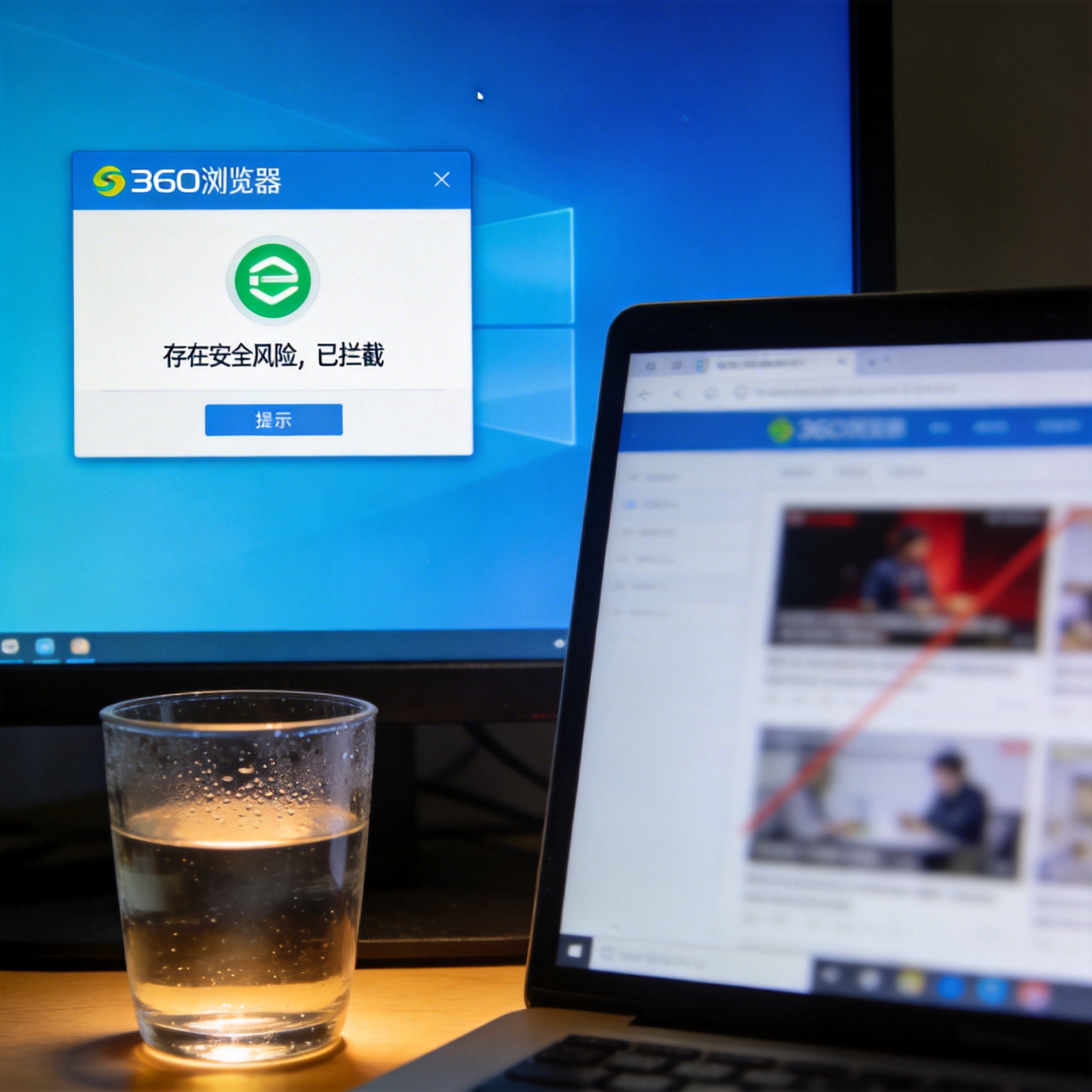 电脑屏幕显示360浏览器最新版的风险提示框，旁边是被拦截的不良网站页面，桌面放着半杯温水