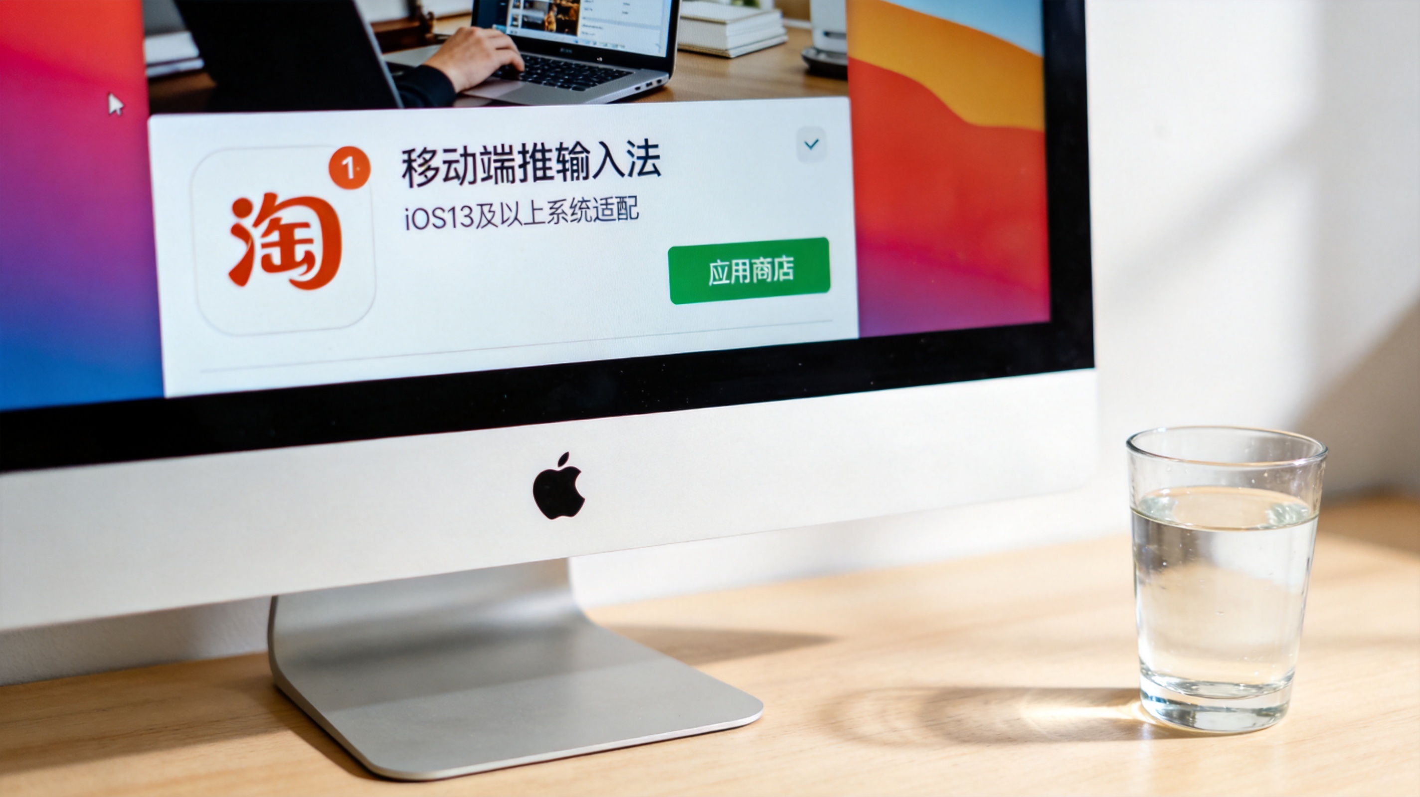 电脑桌面，屏幕显示应用商店里的移动端搜狗输入法下载界面，标注着iOS13适配信息，旁边放着半杯温水，室内自然光