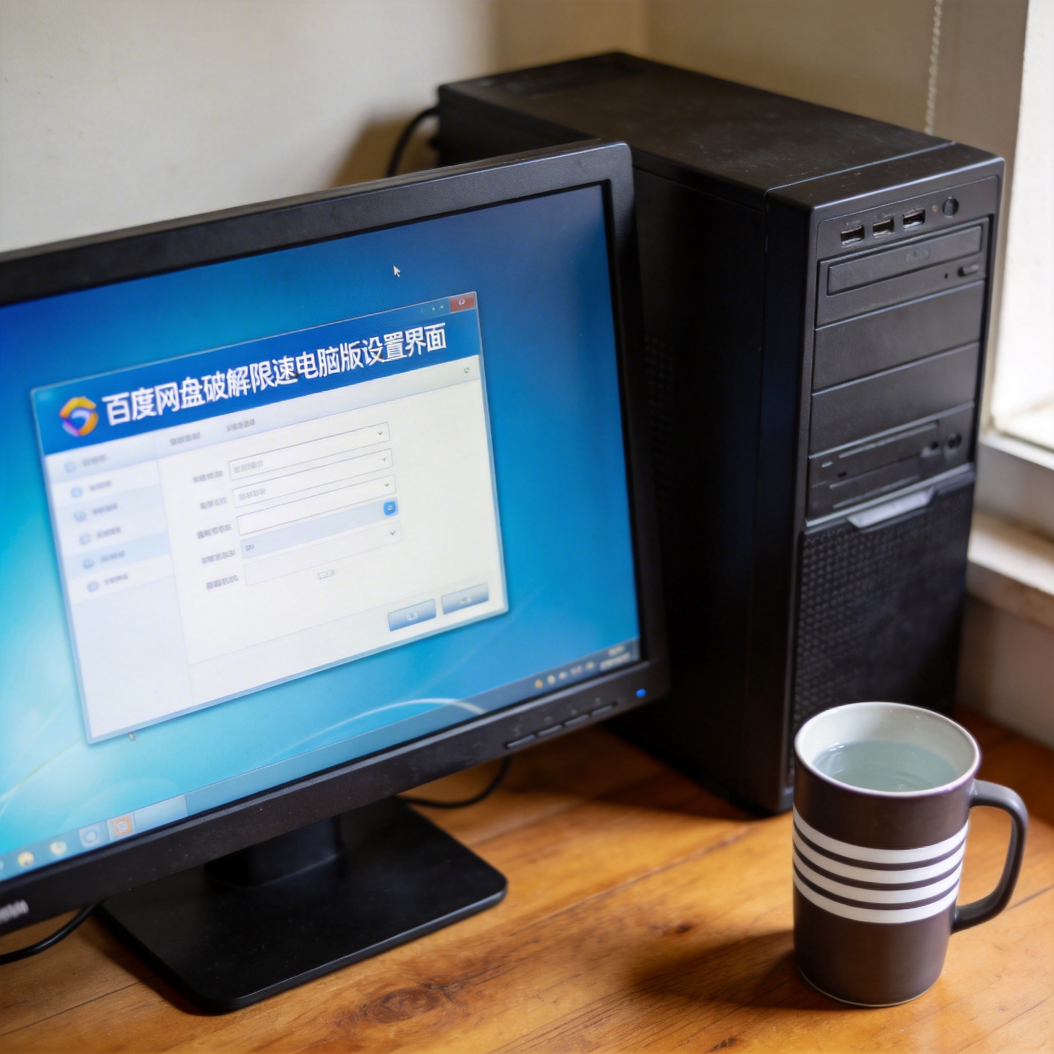 书桌上的主机，屏幕显示百度网盘破解限速电脑版设置界面，桌角放着水杯，自然光