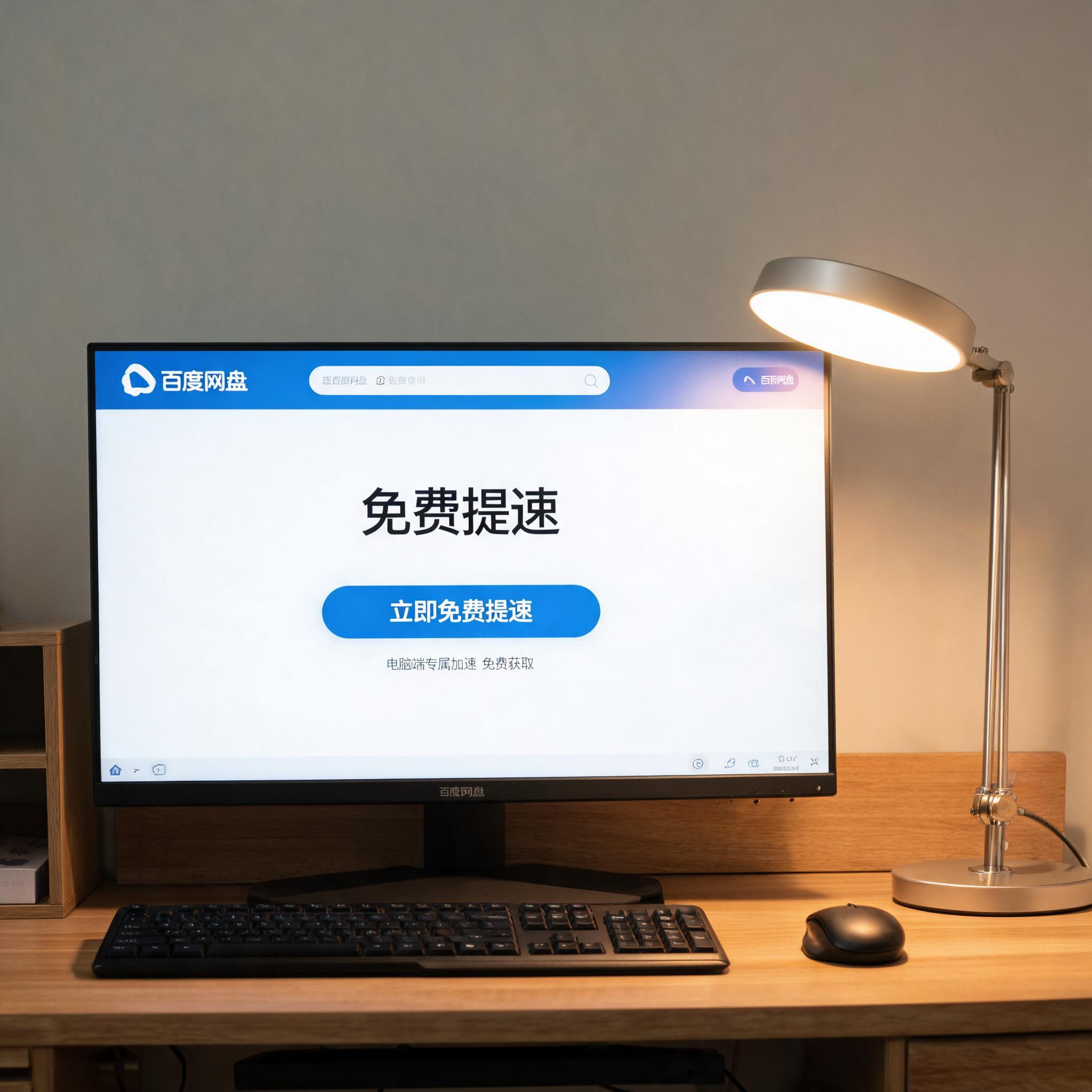 电脑桌上的电脑，屏幕显示百度网盘免费提速电脑菜单，旁边放着台灯