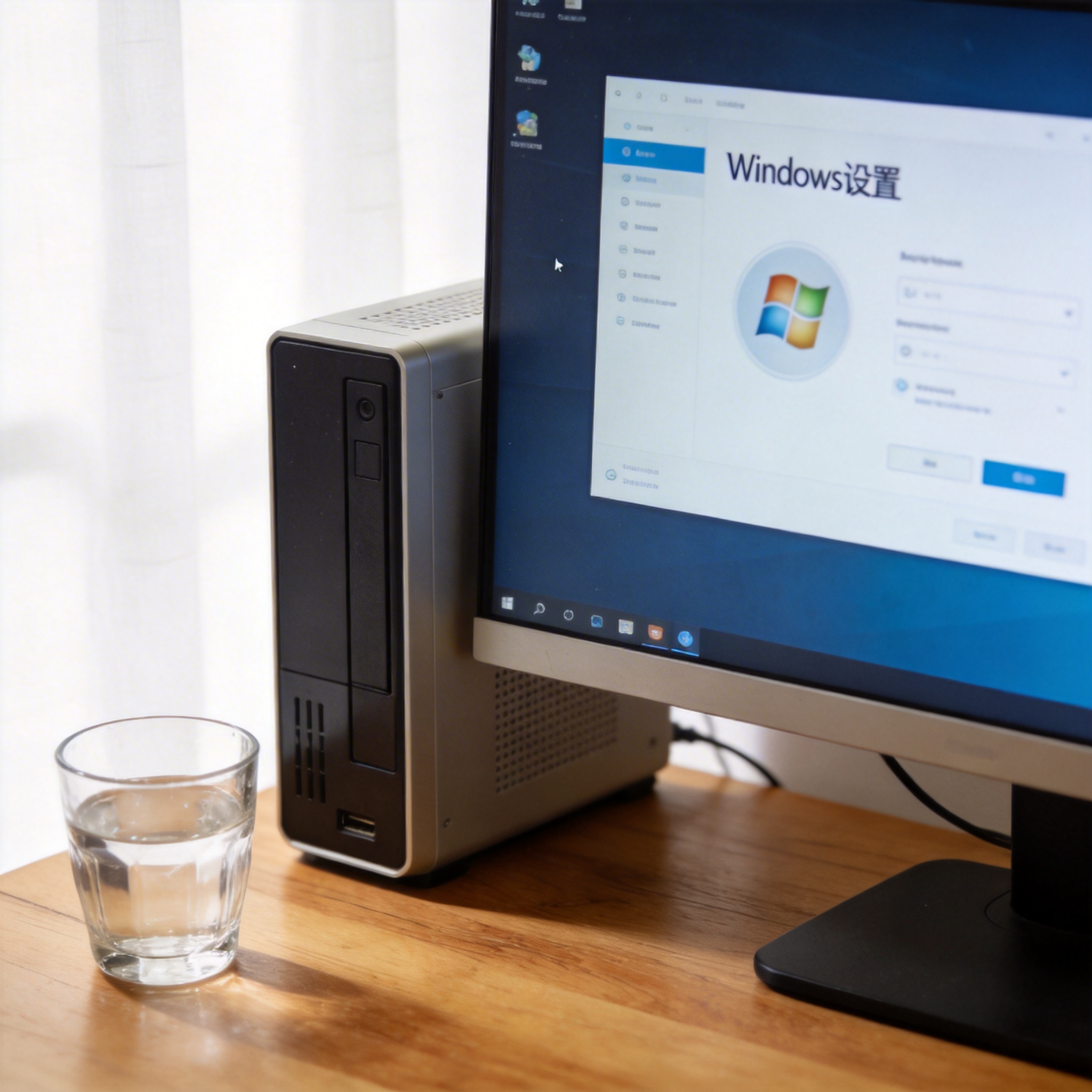书桌上的主机，屏幕显示Windows设置界面，桌角放着水杯，自然光