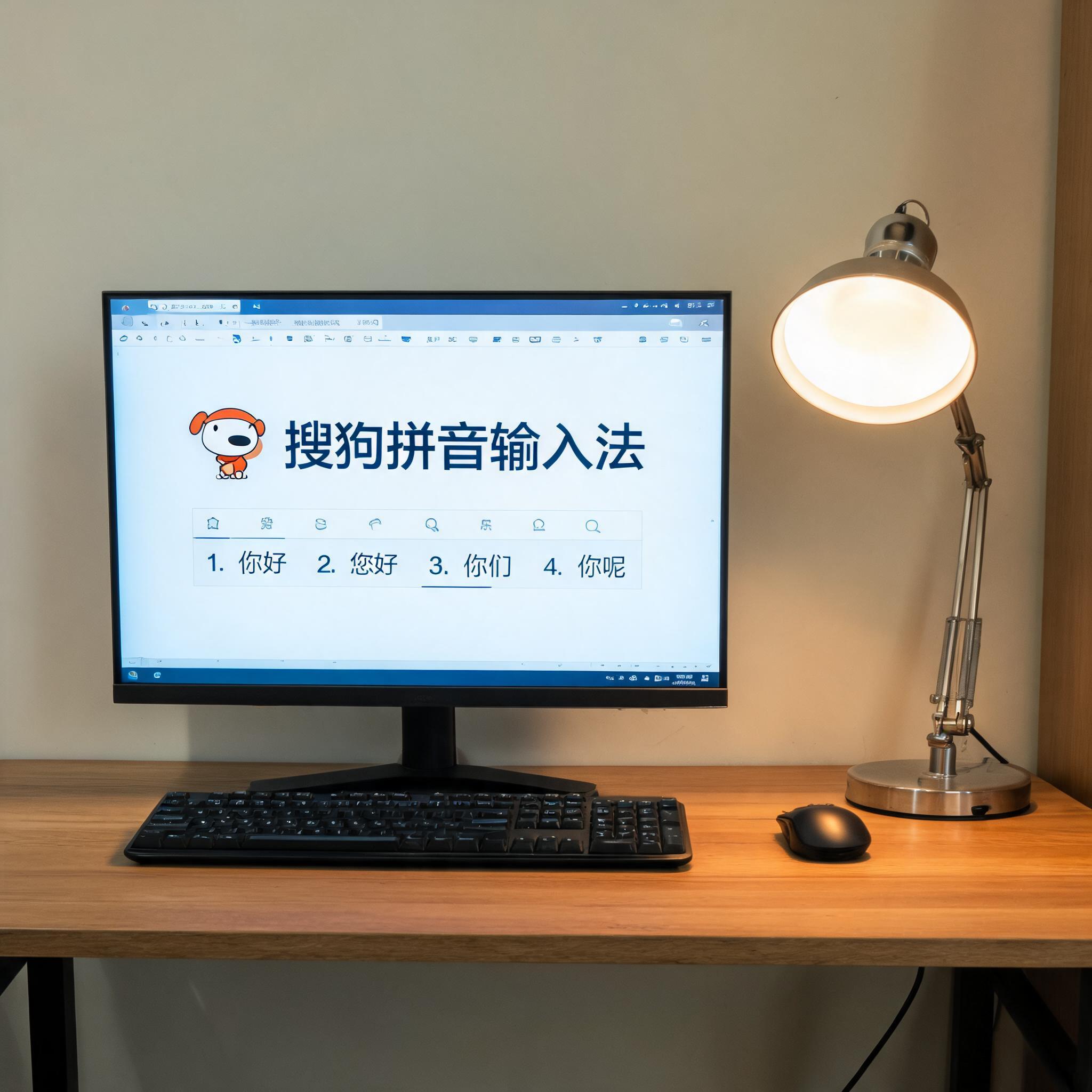 电脑桌上的电脑，屏幕显示搜狗拼音界面，旁边放着台灯