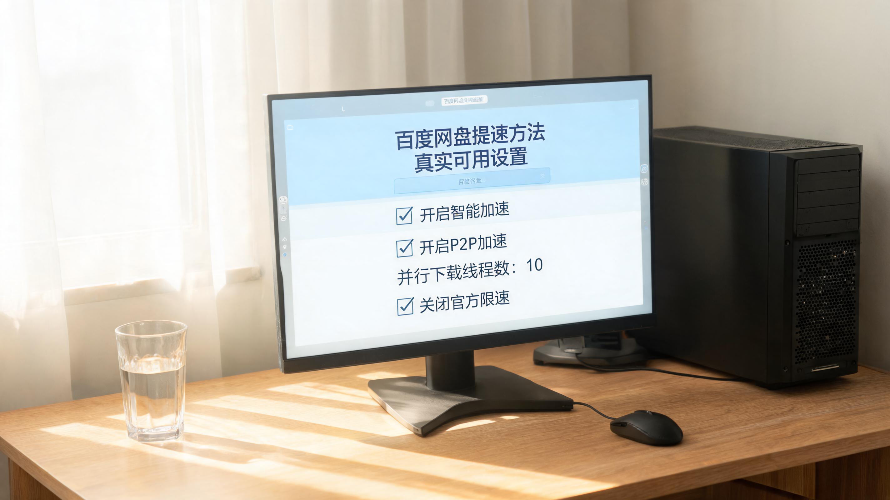 书桌上的主机，屏幕显示百度网盘提速方法真实可用设置界面，桌角放着水杯，自然光
