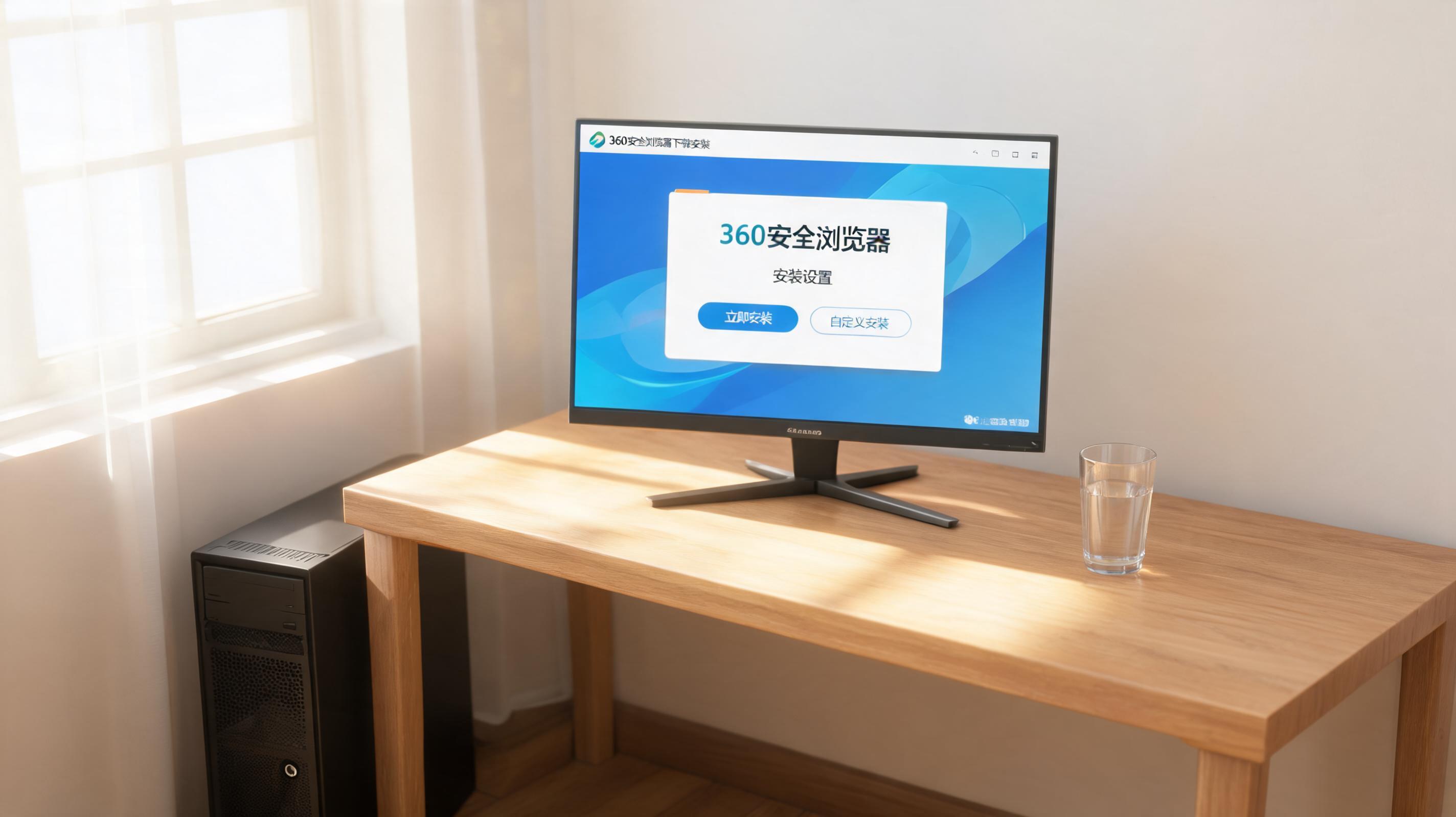 书桌上的主机，屏幕显示安全浏览器 360 下载安装设置界面，桌角放着水杯，自然光