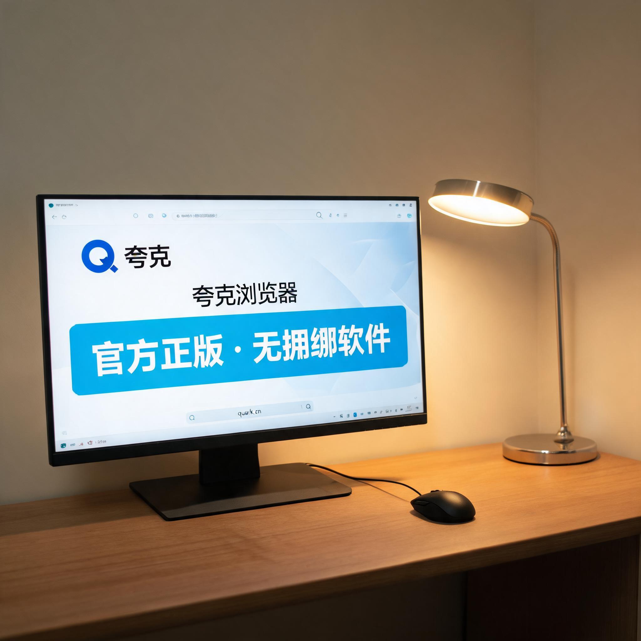 电脑桌上的电脑，屏幕显示夸克浏览器官方正版无捆绑界面，旁边放着台灯