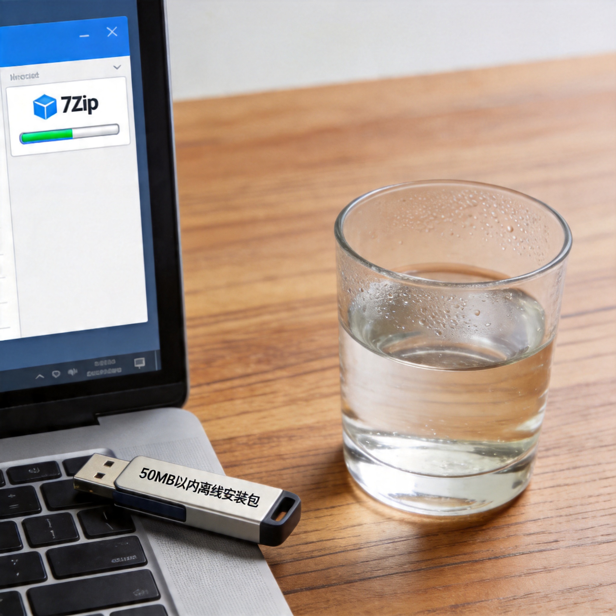 电脑桌的电脑屏幕显示7Zip软件的解压界面，旁边放着存有50MB以内离线安装包的U盘，桌面有半杯温水，室内自然光