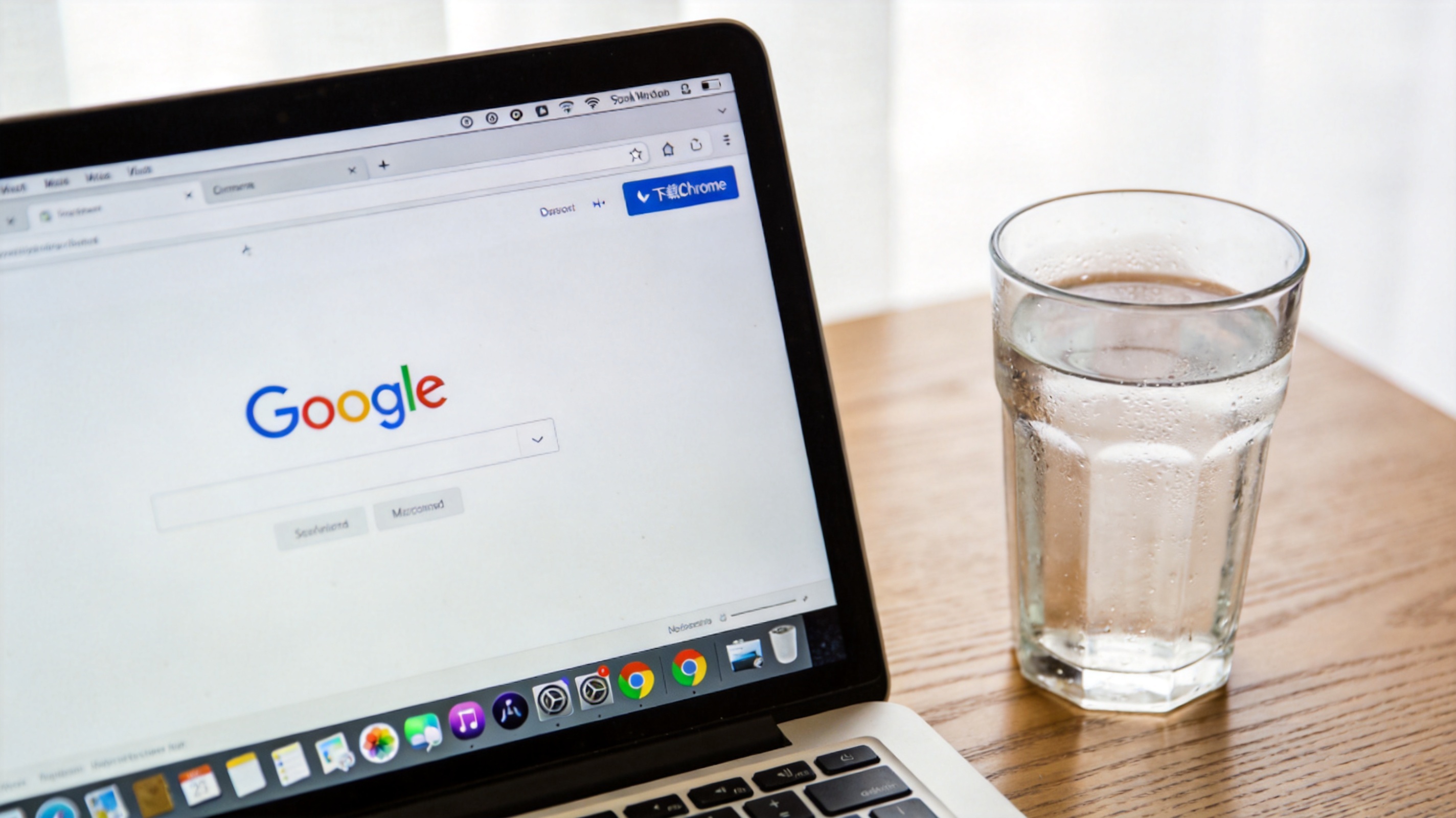 电脑桌面，屏幕显示Google Chrome官网页面，右上角有“下载Chrome”按钮，旁边放着半杯凉白开，室内自然光