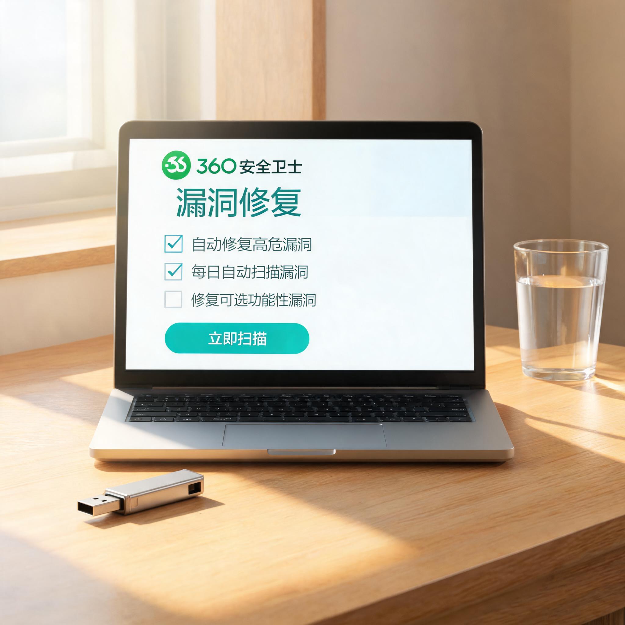 书桌上的U盘，屏幕显示360 卫士漏洞修复功能设置界面，桌角放着水杯，自然光