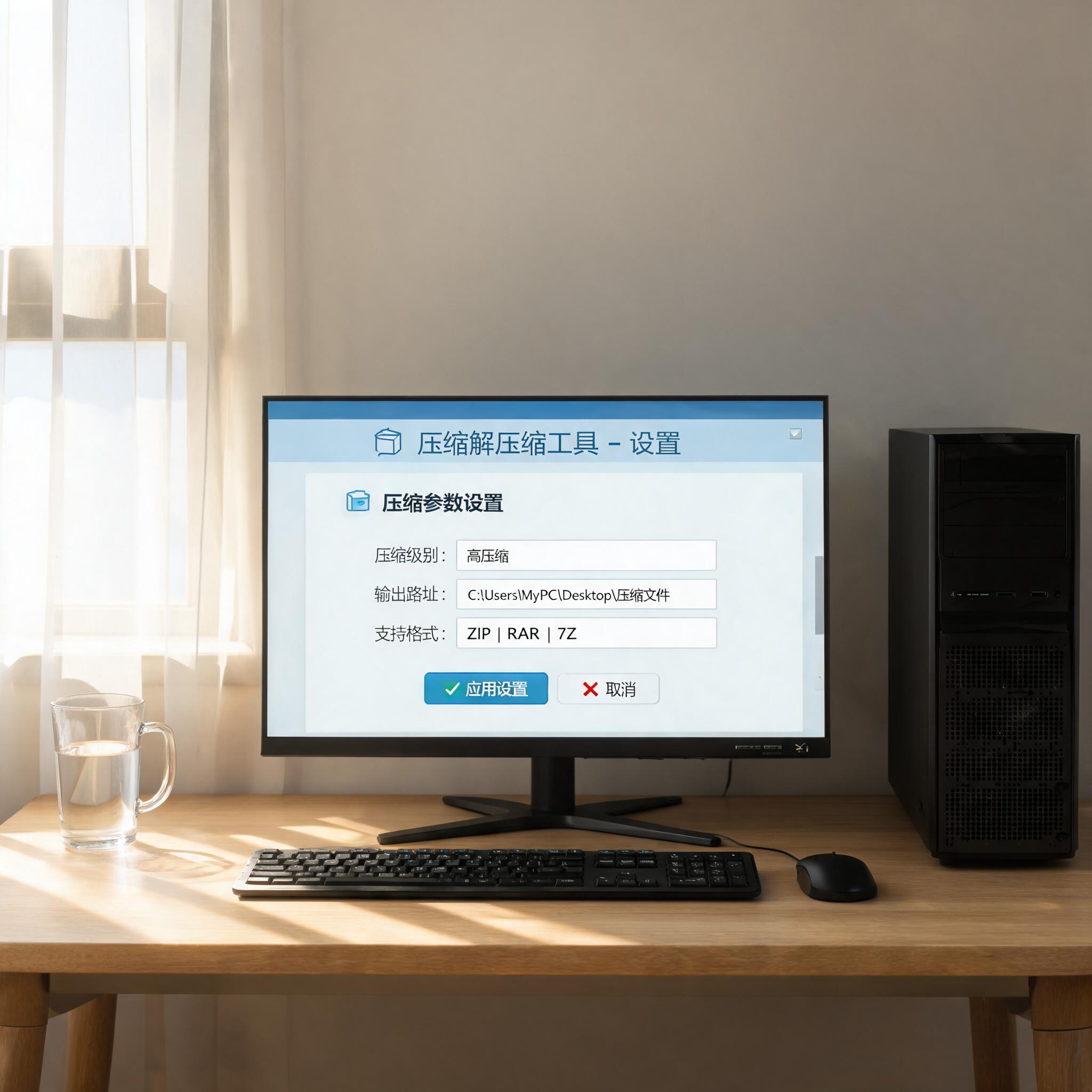 书桌上的主机，屏幕显示大文件压缩解压缩工具设置界面，桌角放着水杯，自然光
