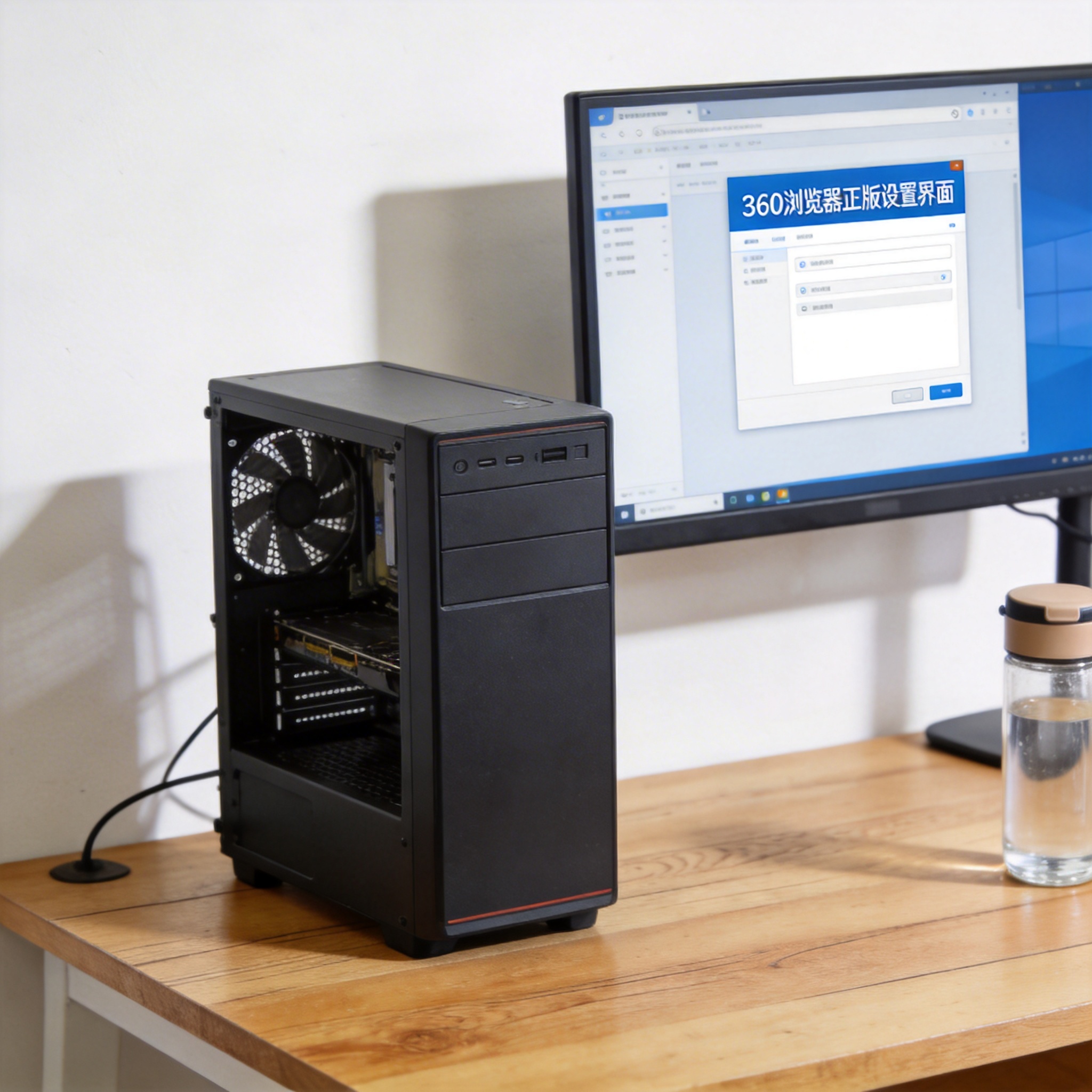 书桌上的主机，屏幕显示360 浏览器正版设置界面，桌角放着水杯，自然光