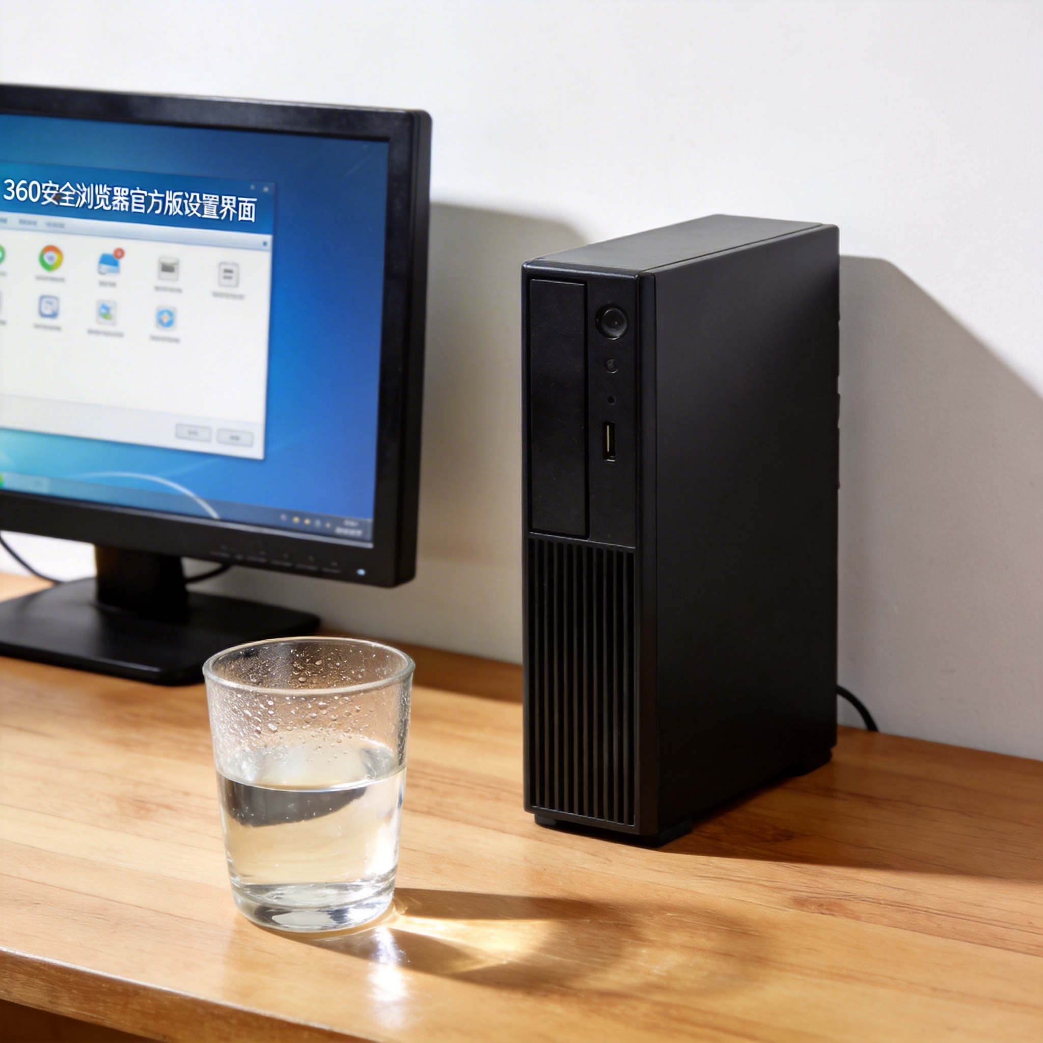 书桌上的主机，屏幕显示360 安全浏览器官方版设置界面，桌角放着水杯，自然光