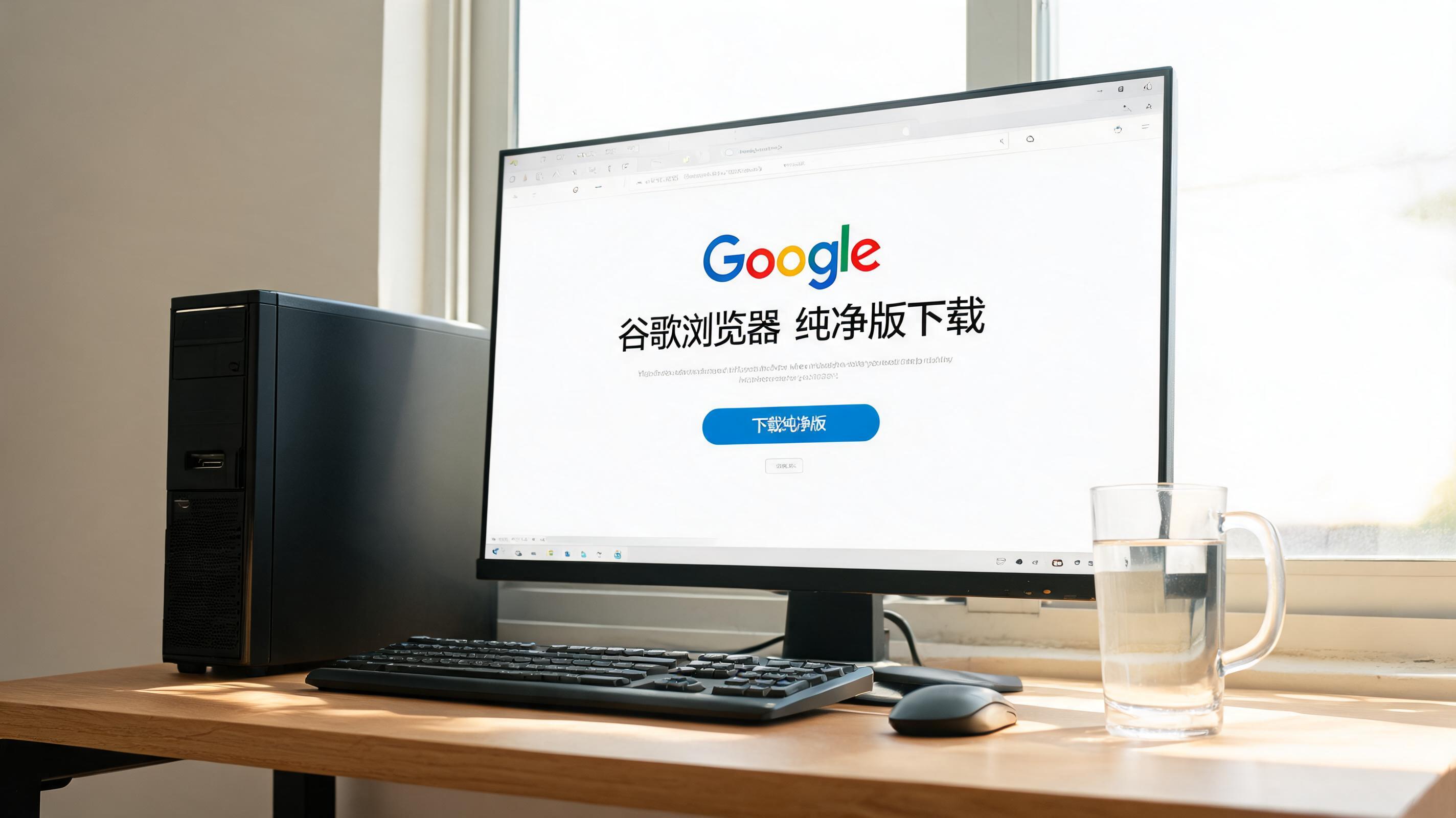 书桌上的主机，屏幕显示guge浏览器官网下载纯净版设置界面，桌角放着水杯，自然光