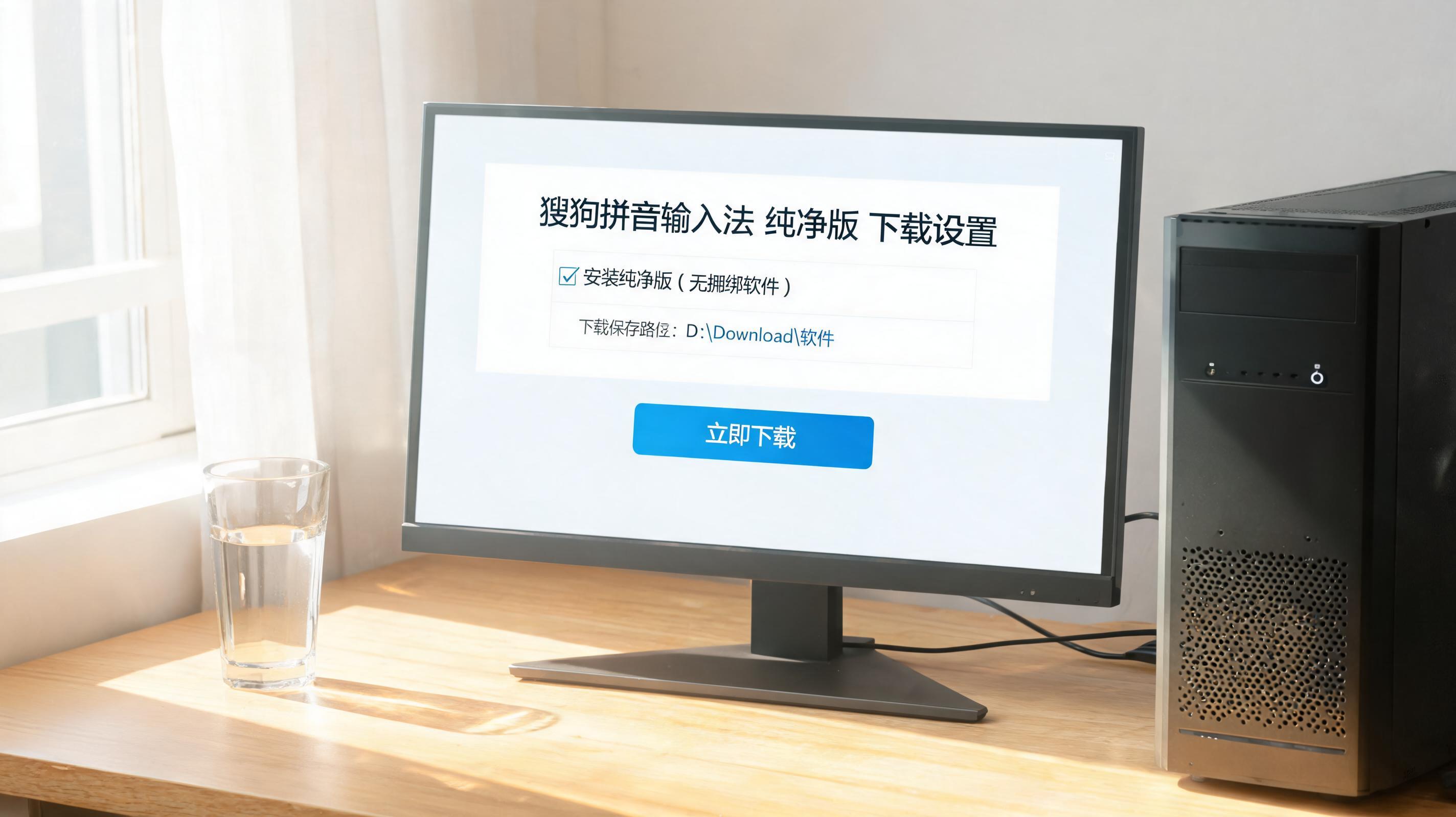 书桌上的主机，屏幕显示搜狗拼音输入法纯净版下载设置界面，桌角放着水杯，自然光