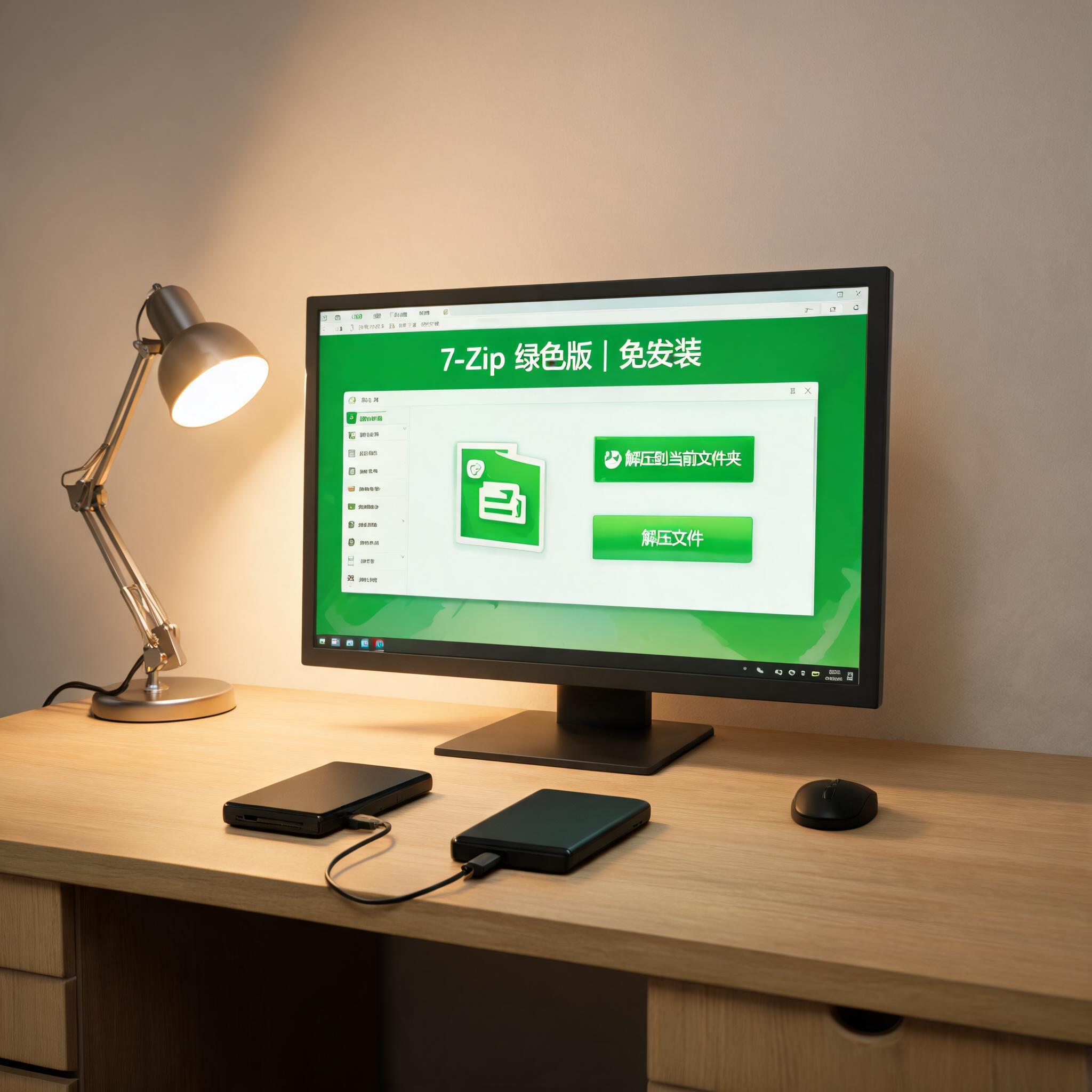 电脑桌上的硬盘，屏幕显示绿色版解压缩工具免安装桌面，旁边放着台灯