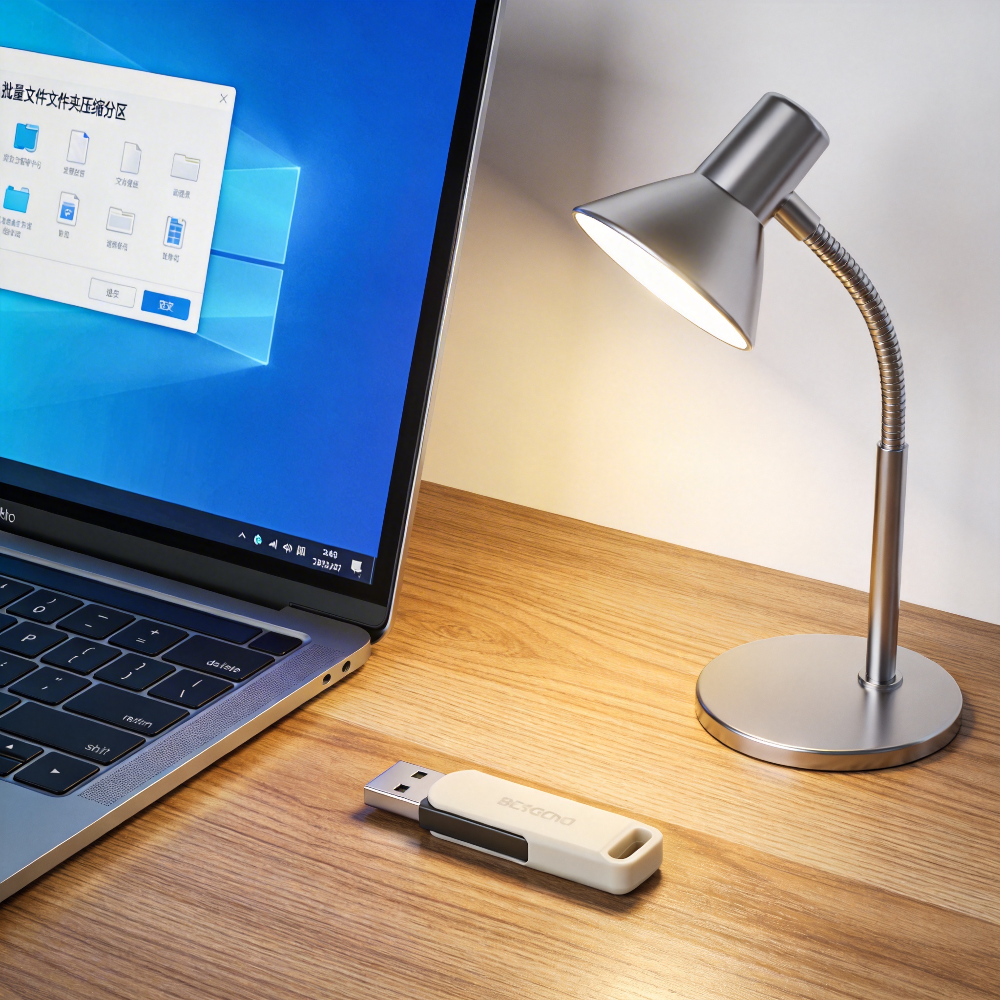 电脑桌上的U盘，屏幕显示批量文件文件夹压缩分区，旁边放着台灯