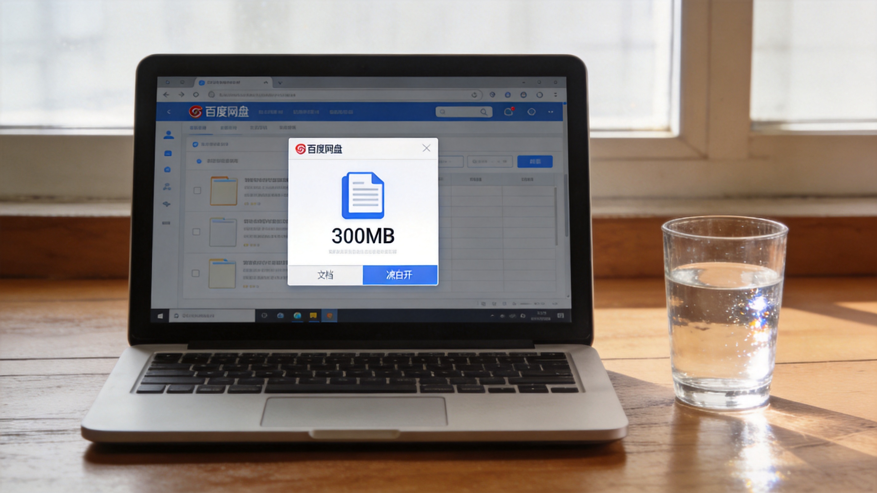 电脑桌面，屏幕显示百度网盘网页版界面，页面上有300MB的文档压缩包，旁边放着半杯凉白开，室内自然光