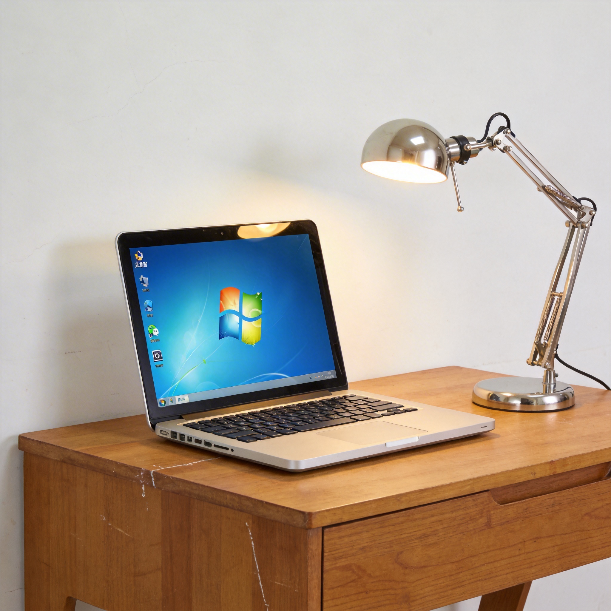 电脑桌上的电脑，屏幕显示Windows界面，旁边放着台灯