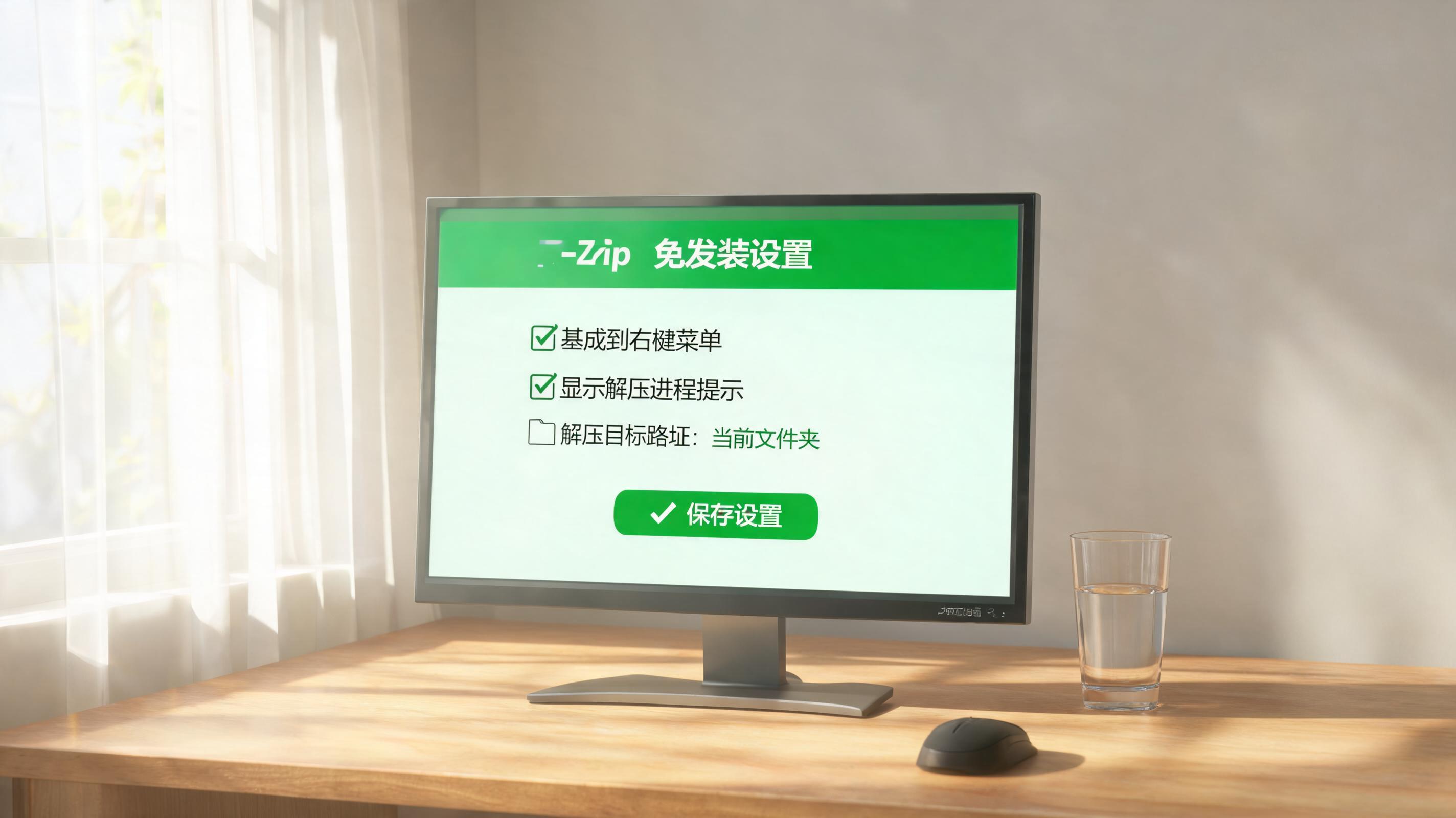 书桌上的电脑，屏幕显示绿色版解压缩工具免安装设置界面，桌角放着水杯，自然光