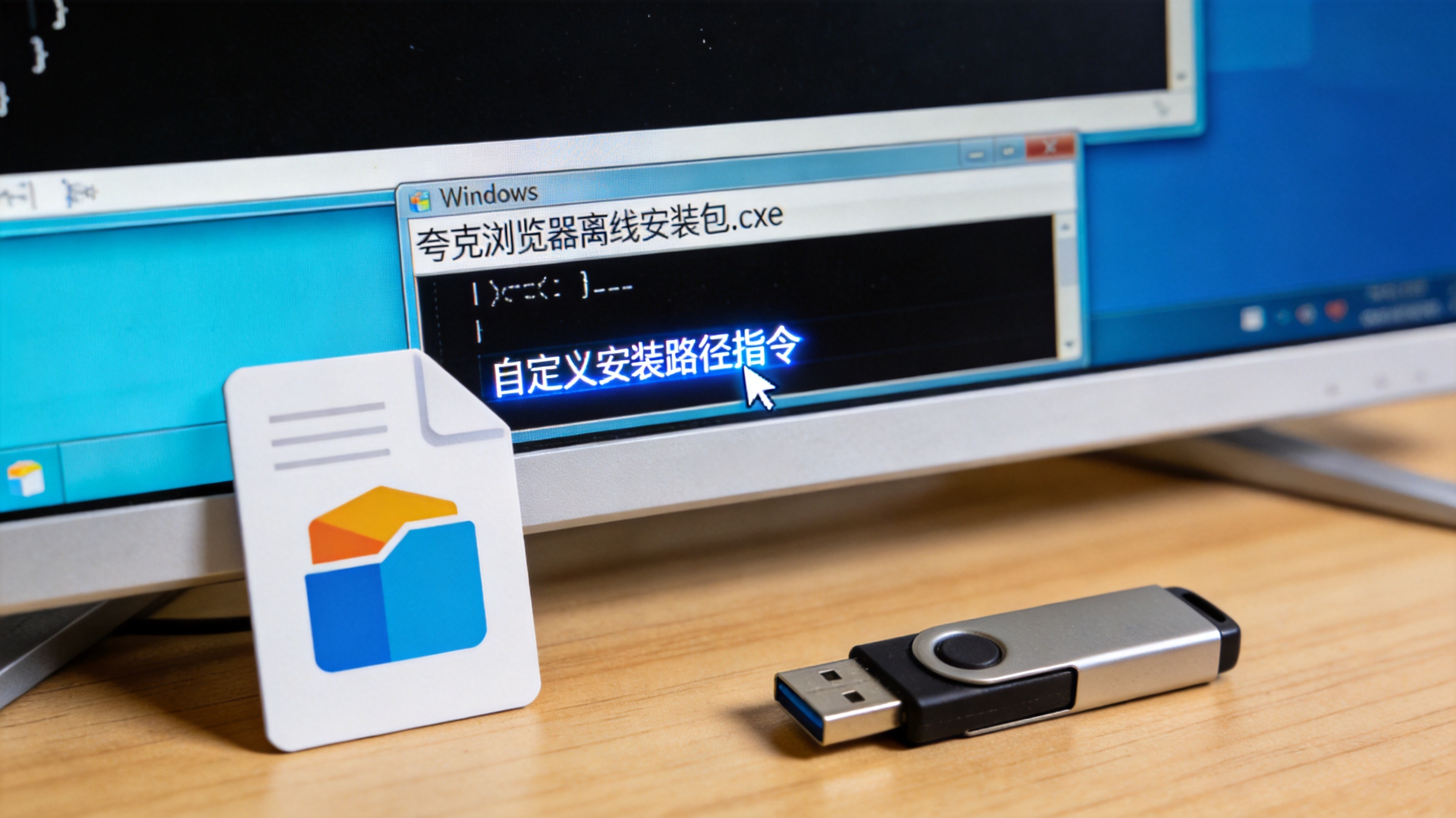 Windows系统电脑的桌面，放着夸克浏览器离线安装包和U盘，屏幕显示命令提示符界面，光标停留在自定义安装路径指令后