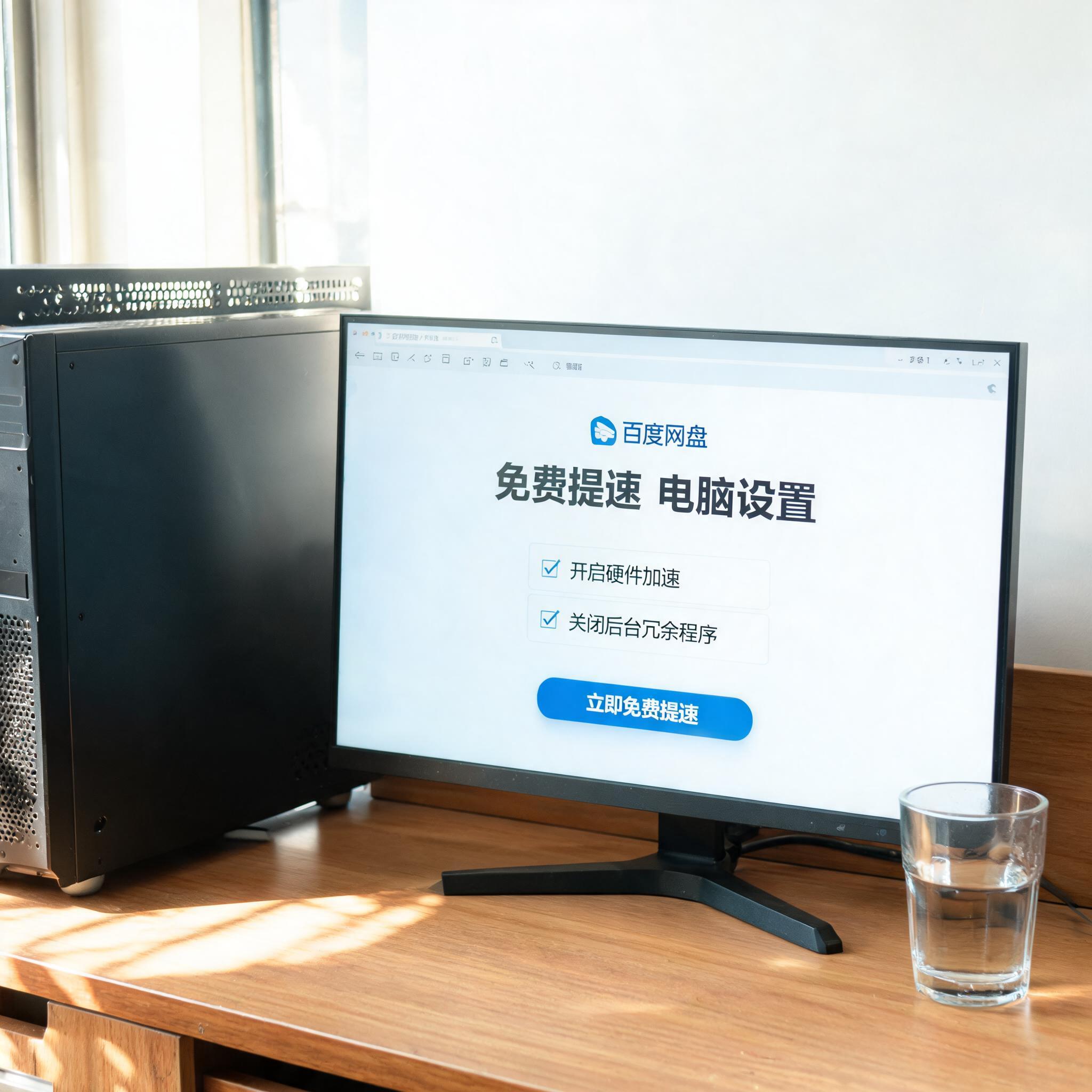 书桌上的主机，屏幕显示百度网盘免费提速电脑设置界面，桌角放着水杯，自然光