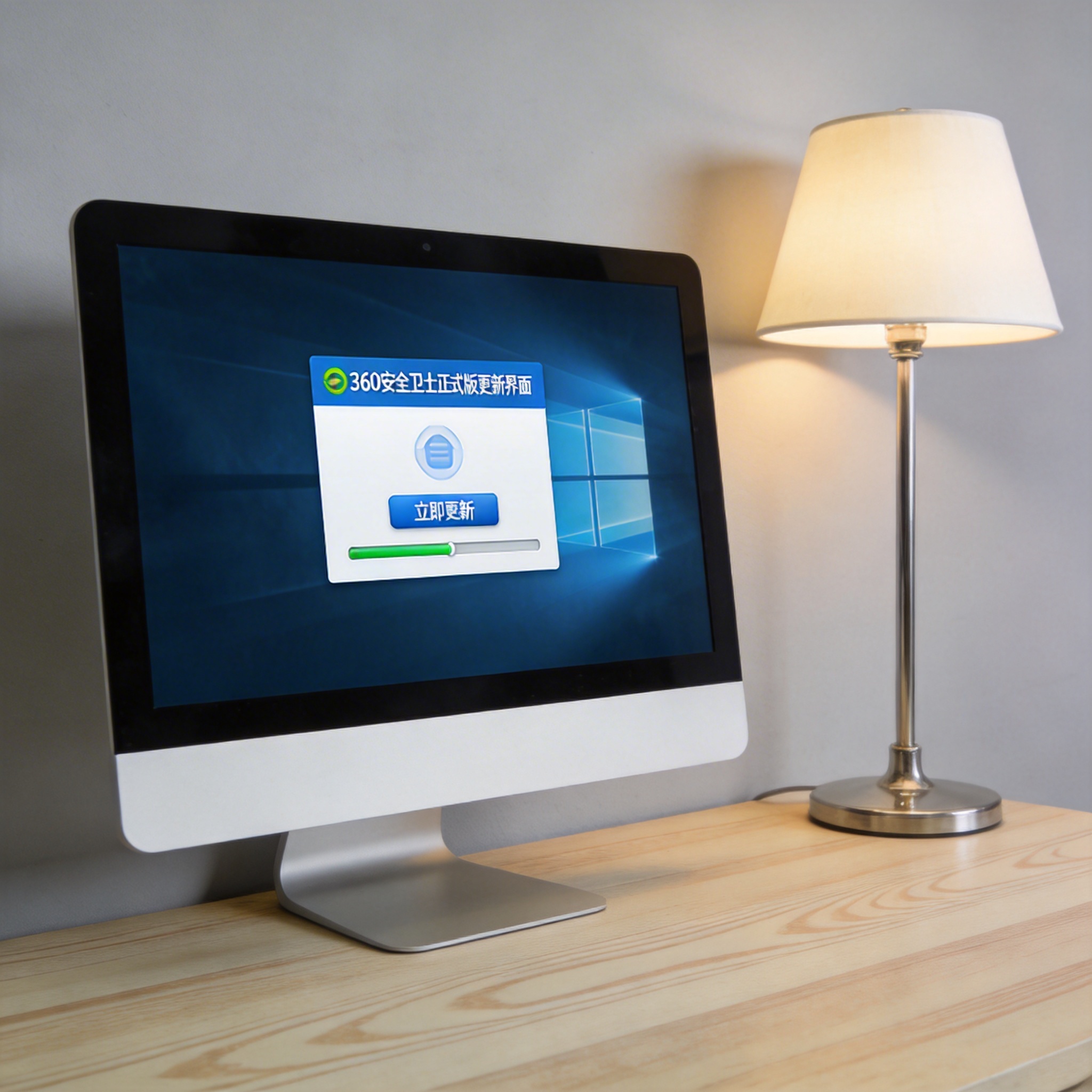 电脑桌上的电脑，屏幕显示360 安全卫士正式版更新界面，旁边放着台灯