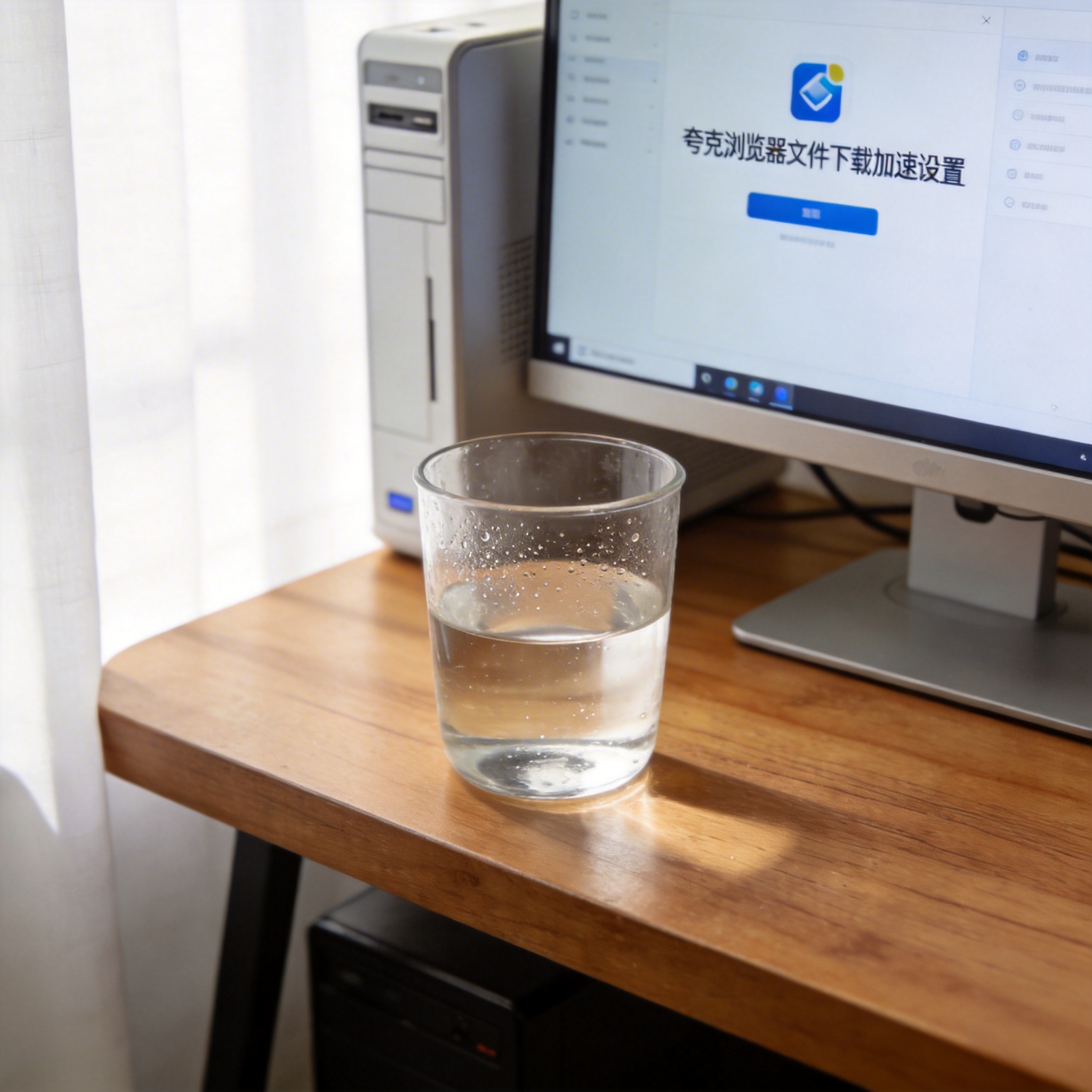 书桌上的主机，屏幕显示夸克浏览器文件下载加速设置界面，桌角放着水杯，自然光