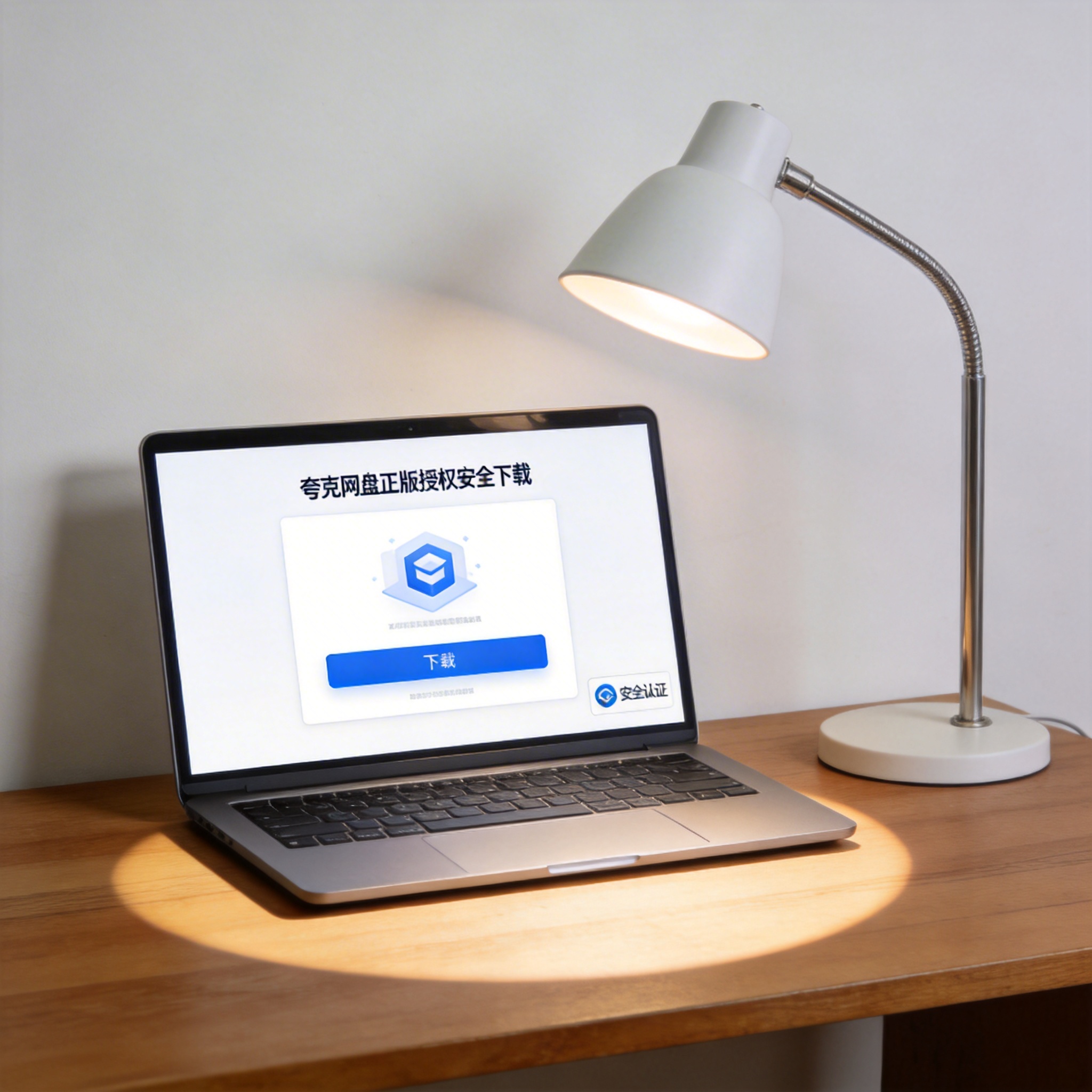 电脑桌上的电脑，屏幕显示夸克网盘正版授权安全下载界面，旁边放着台灯