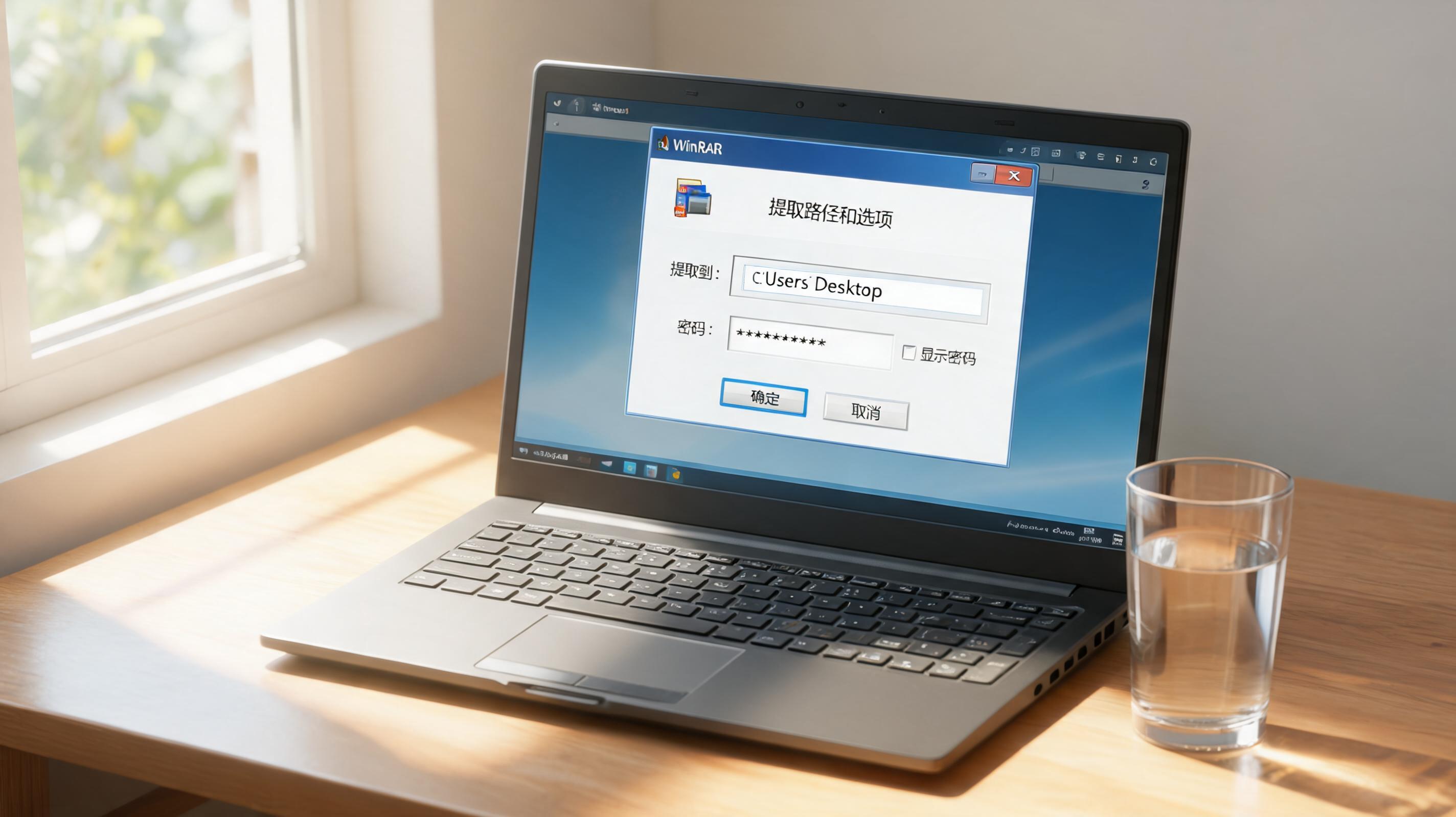 书桌上的电脑，屏幕显示winrar 加密压缩文件解压设置界面，桌角放着水杯，自然光