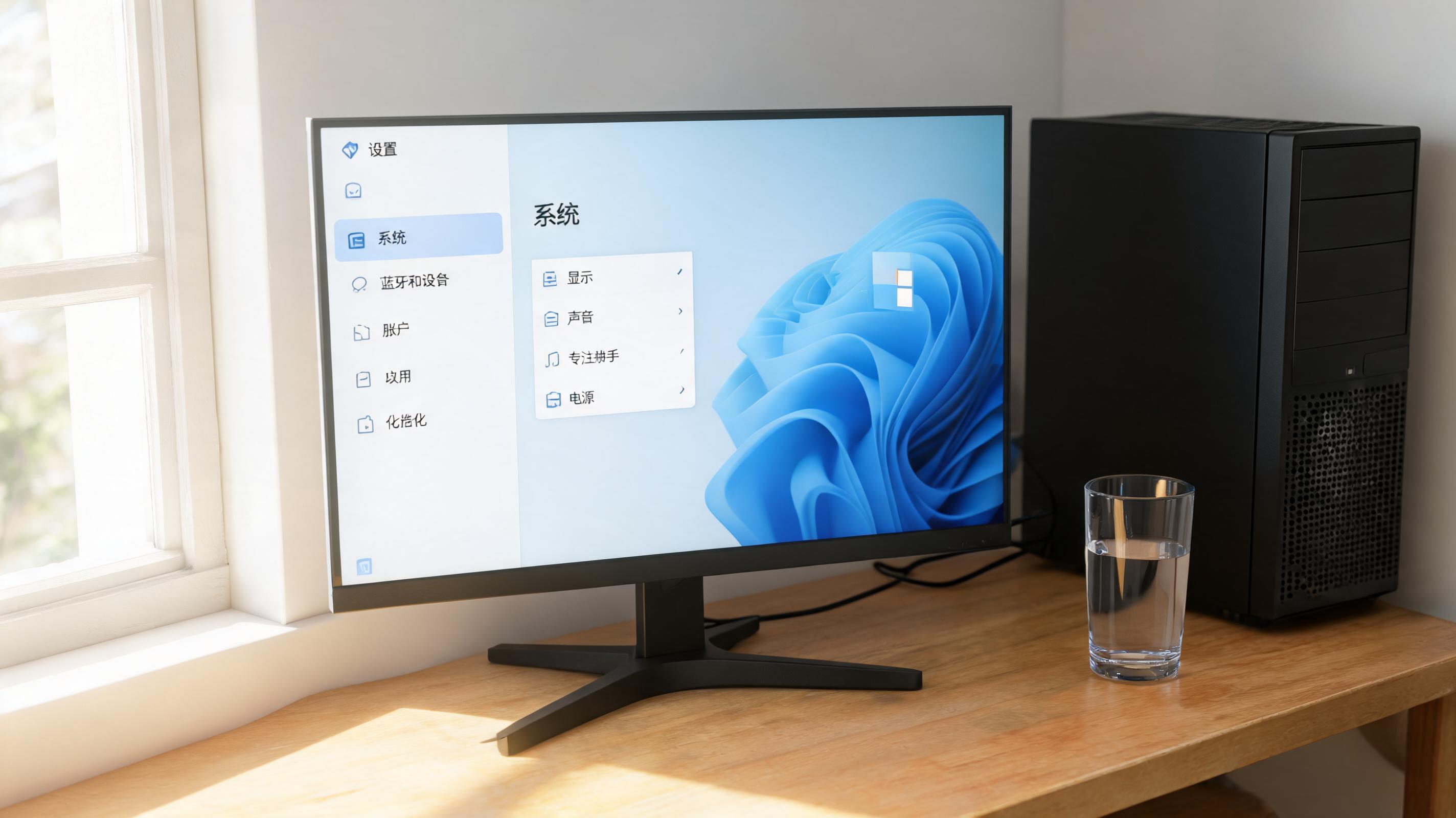 书桌上的主机，屏幕显示Windows设置界面，桌角放着水杯，自然光