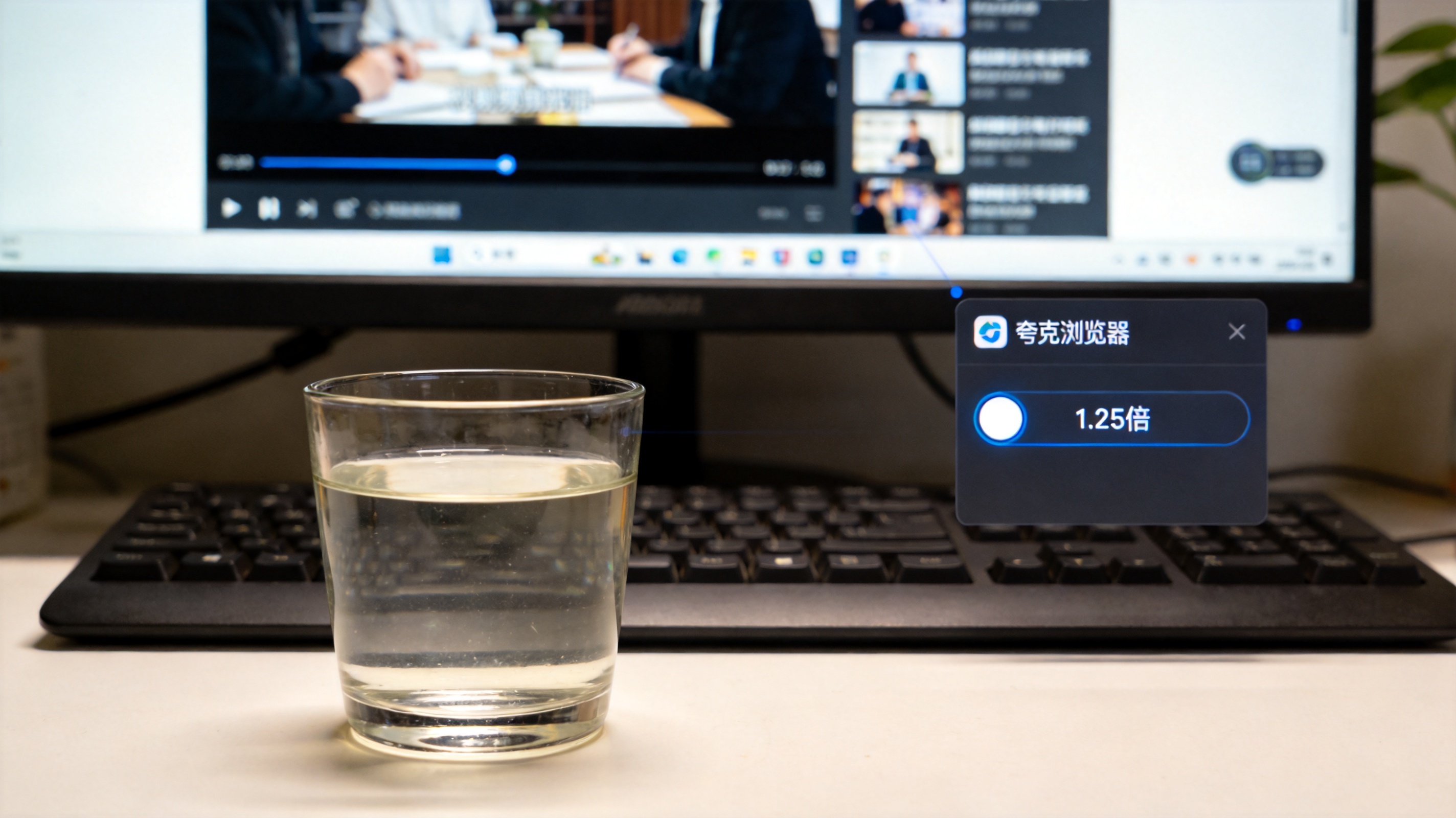 电脑桌面，屏幕显示夸克浏览器的视频播放界面，右下角倍速按钮展开，显示1.25倍选项，桌面放着半杯温水，室内自然光