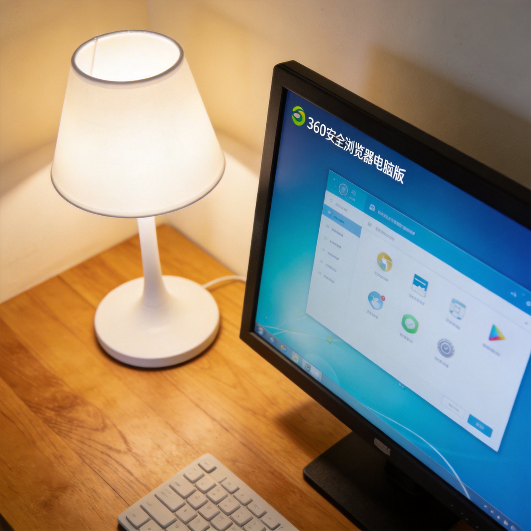 电脑桌上的电脑，屏幕显示360 安全浏览器电脑版界面，旁边放着台灯