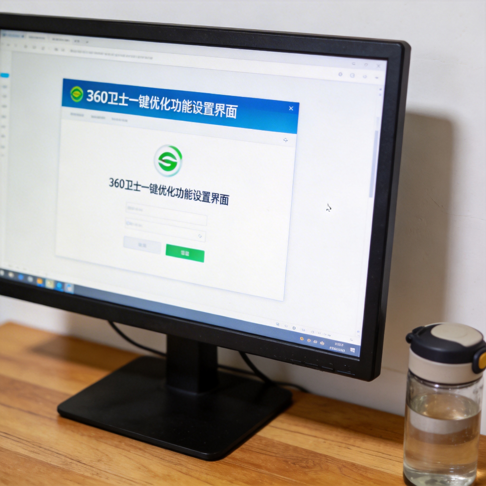 书桌上的电脑，屏幕显示360 卫士一键优化功能设置界面，桌角放着水杯，自然光