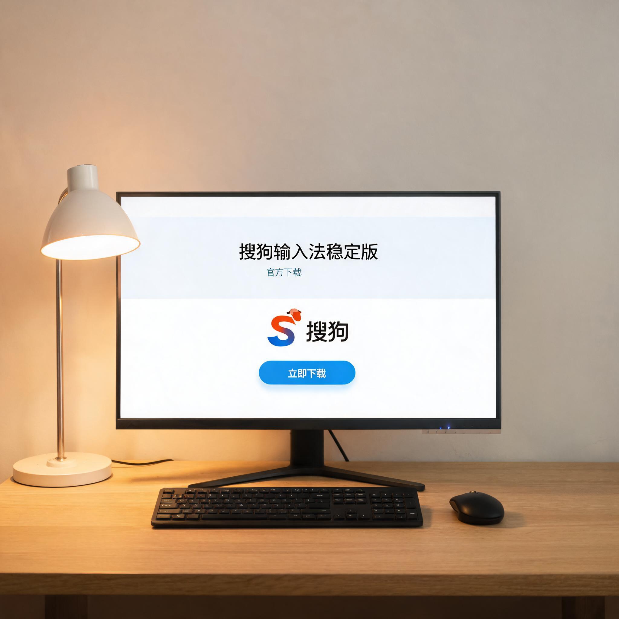 电脑桌上的电脑，屏幕显示搜狗输入法稳定版下载界面，旁边放着台灯