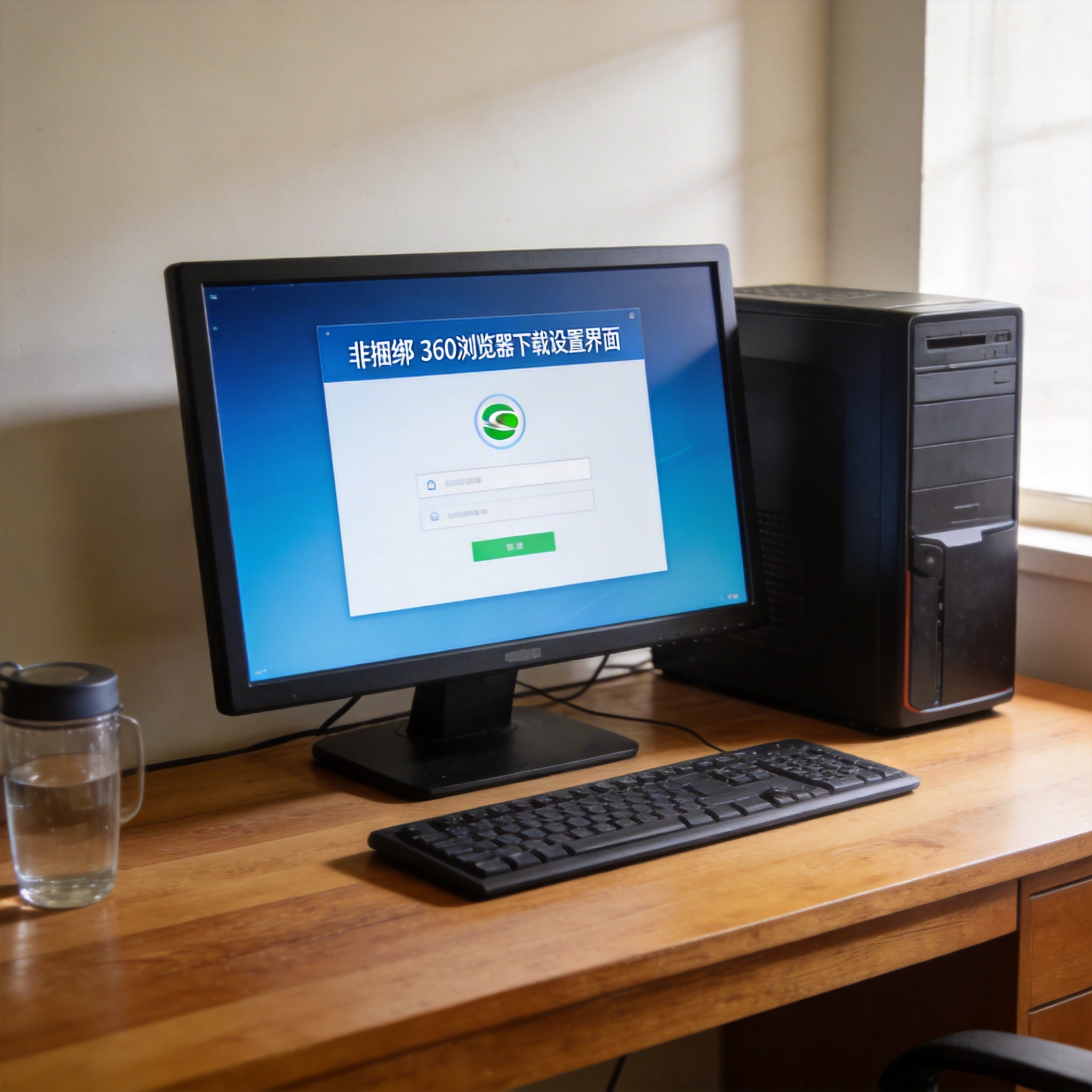 书桌上的主机，屏幕显示非捆绑 360 浏览器下载设置界面，桌角放着水杯，自然光