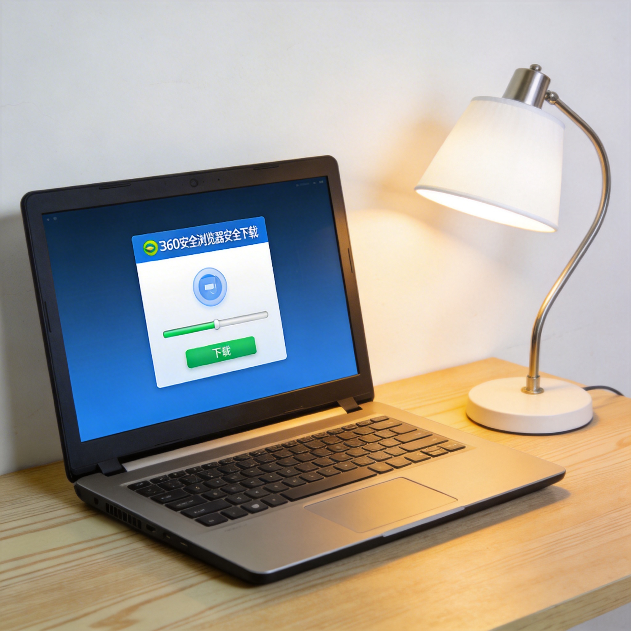 电脑桌上的电脑，屏幕显示360 安全浏览器安全下载界面，旁边放着台灯