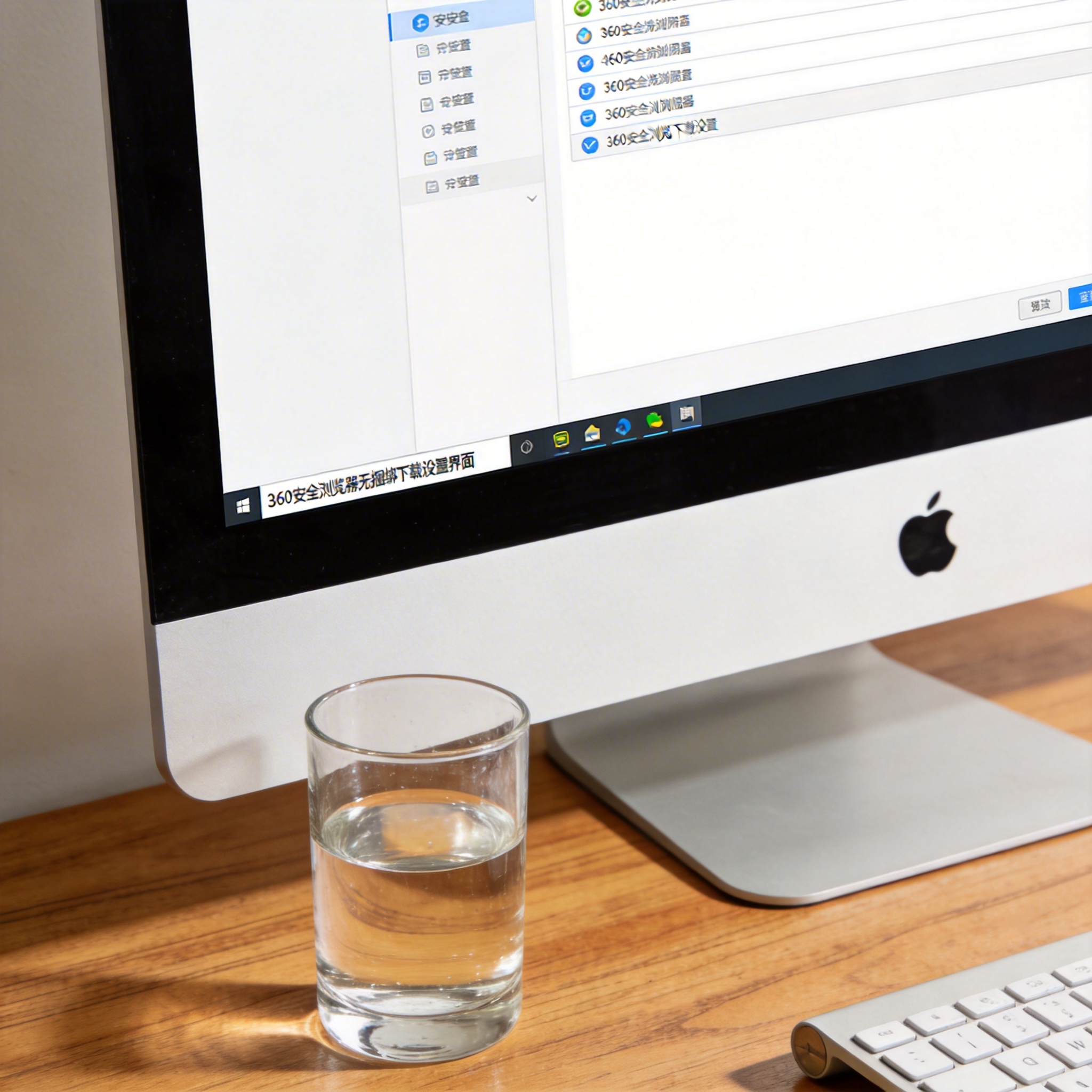 书桌上的主机，屏幕显示360 安全浏览器无捆绑下载设置界面，桌角放着水杯，自然光