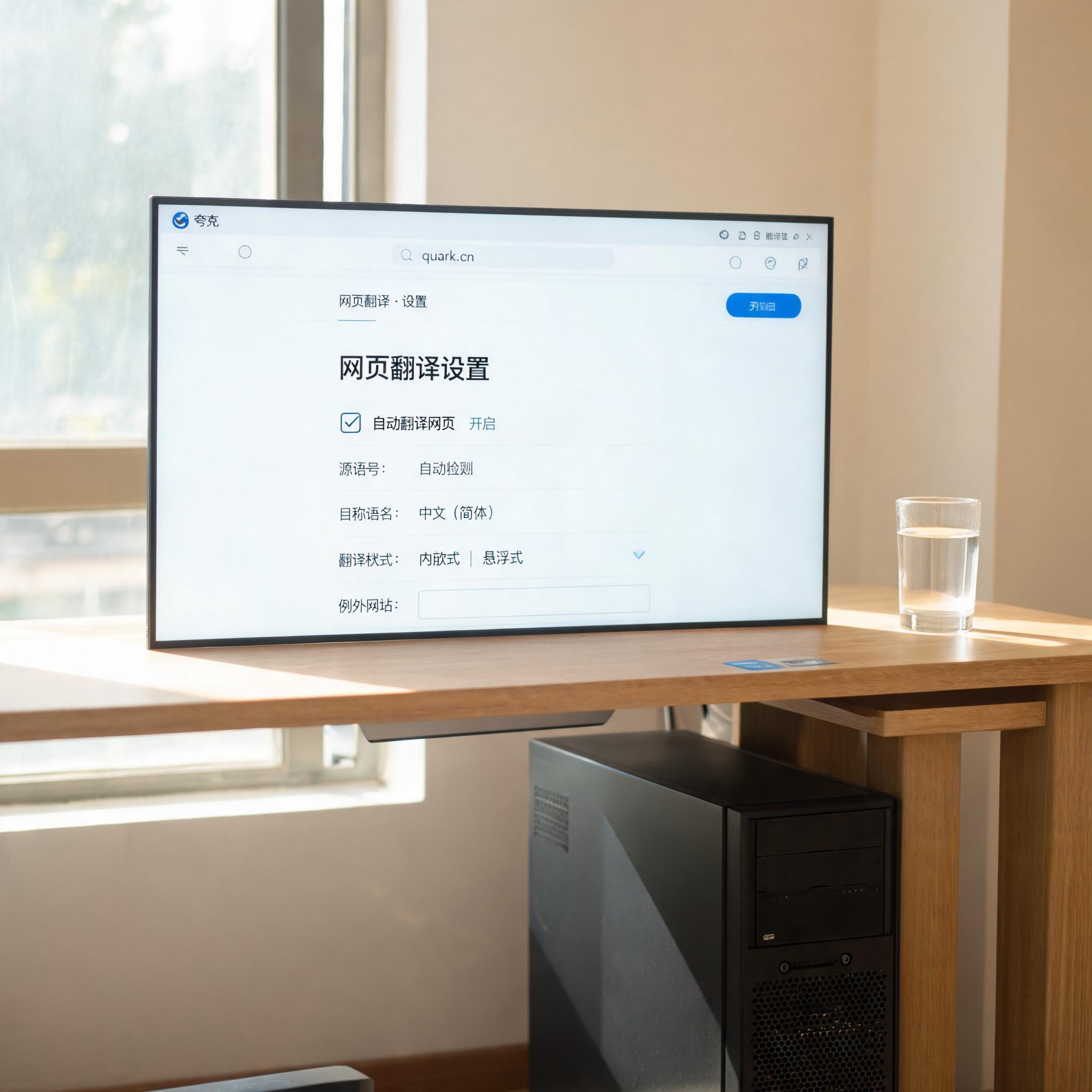 书桌上的主机，屏幕显示夸克浏览器网页翻译功能设置界面，桌角放着水杯，自然光