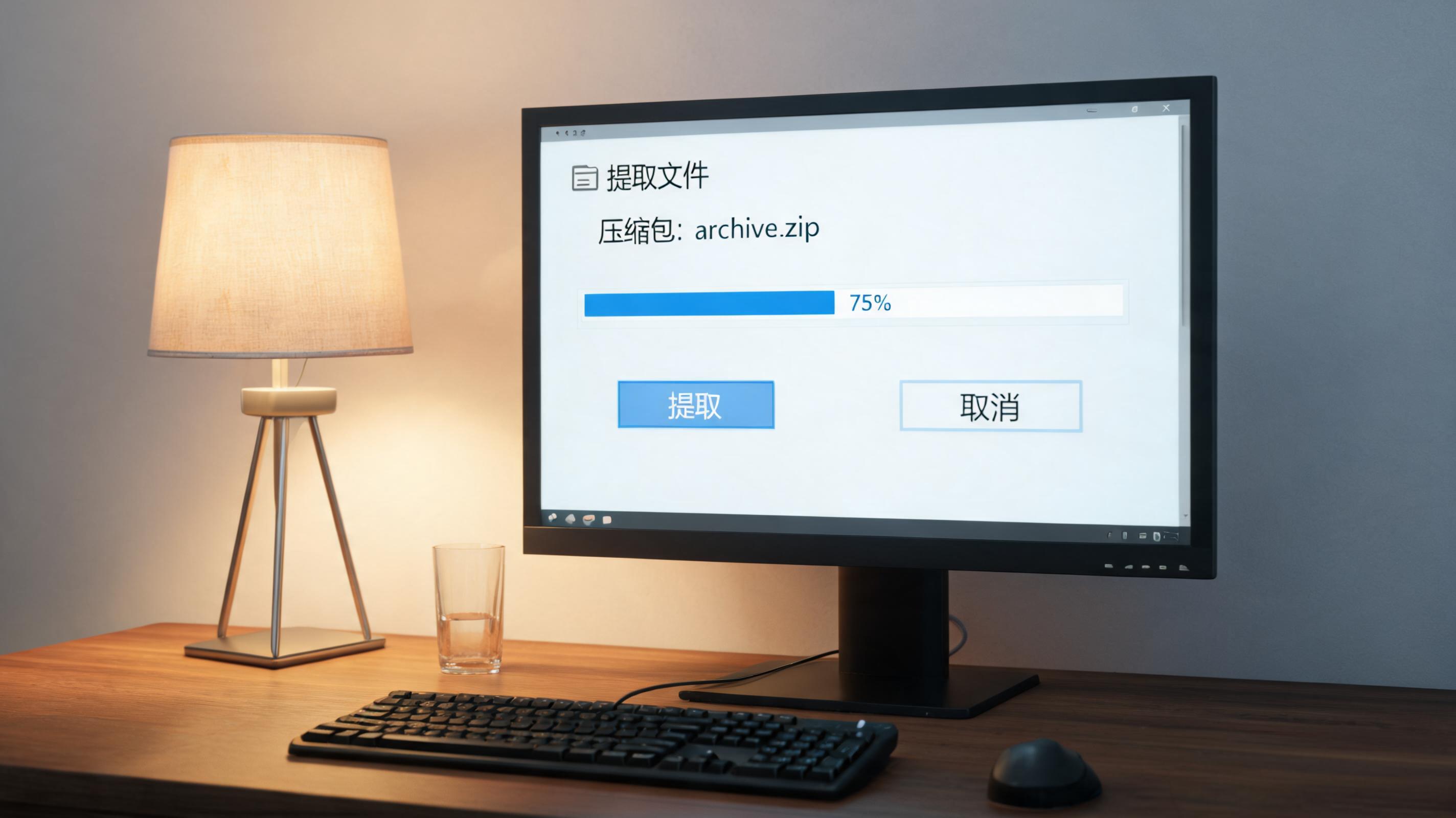电脑桌上的电脑，屏幕显示解压缩界面，旁边放着台灯