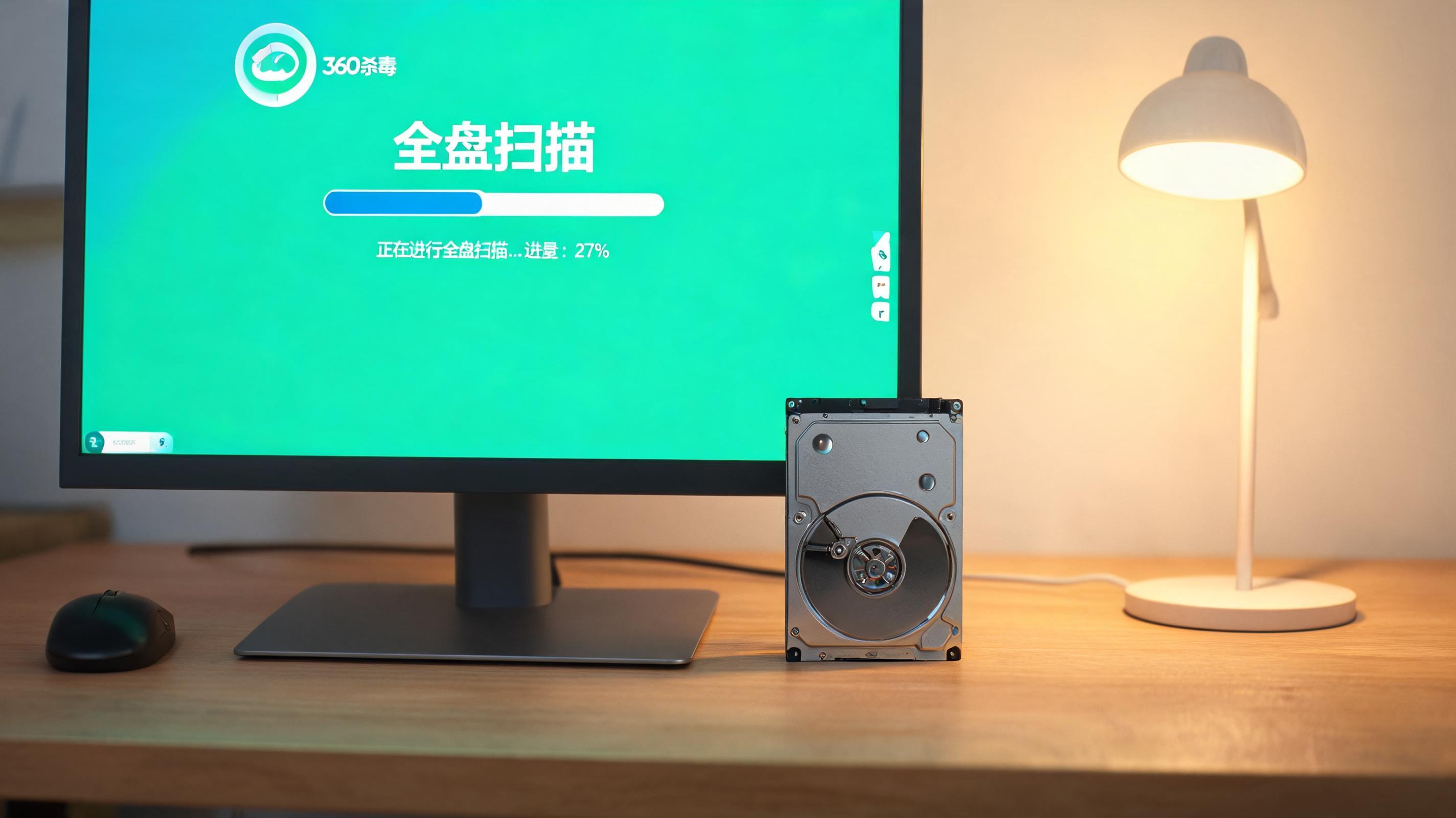 电脑桌上的硬盘，屏幕显示360 杀毒全盘扫描界面，旁边放着台灯