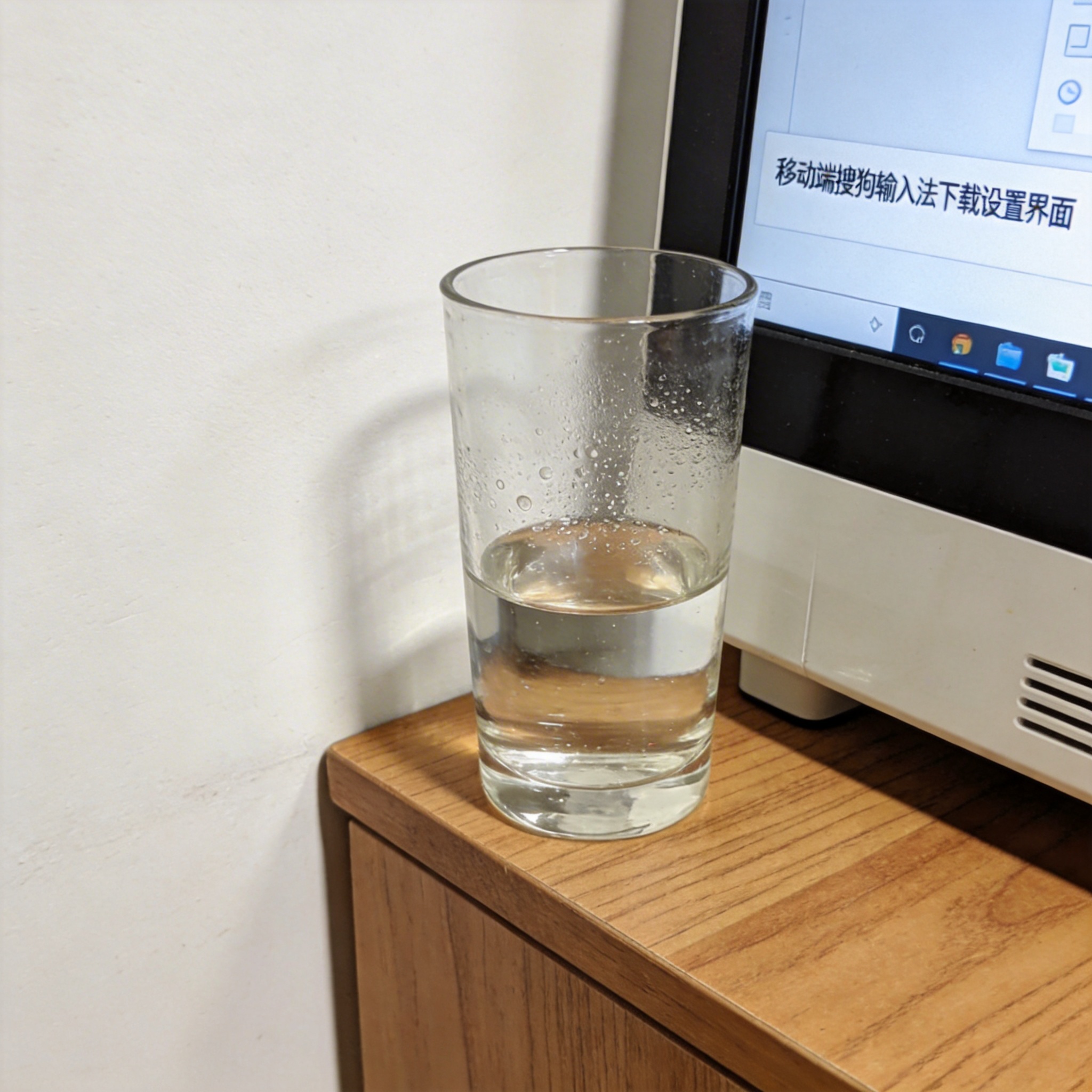 书桌上的主机，屏幕显示移动端搜狗输入法下载设置界面，桌角放着水杯，自然光