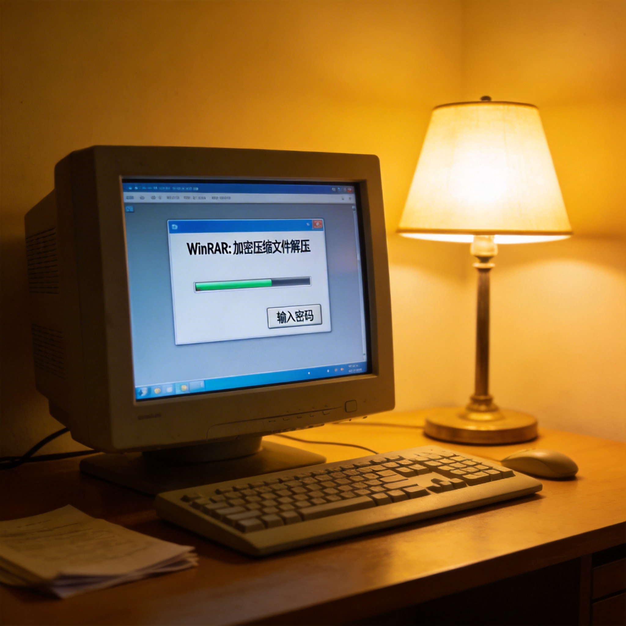 电脑桌上的电脑，屏幕显示winrar 加密压缩文件解压窗口，旁边放着台灯